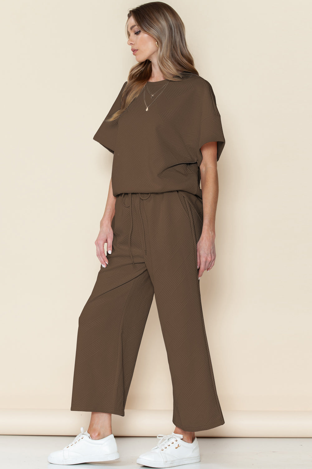 Navy Blue Textured Loose Fit T Shirt and Drawstring Pants Set - Cowaa