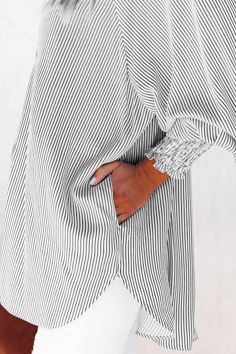 Black Striped Casual Shirred Cuffs Shirt - Cowaa
