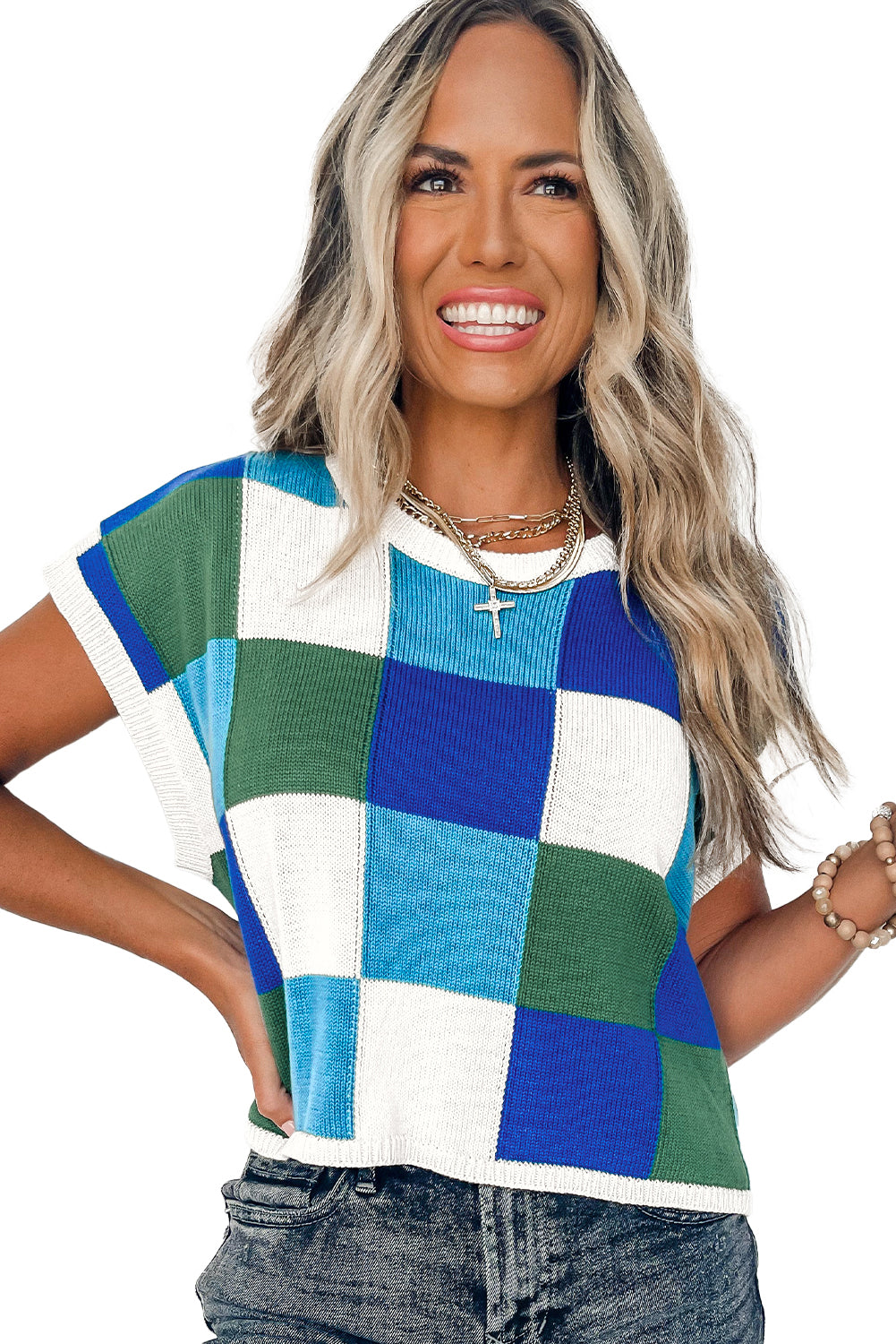 Fiery Red Checkered Color Block Cap Sleeve Knitted Top - Cowaa