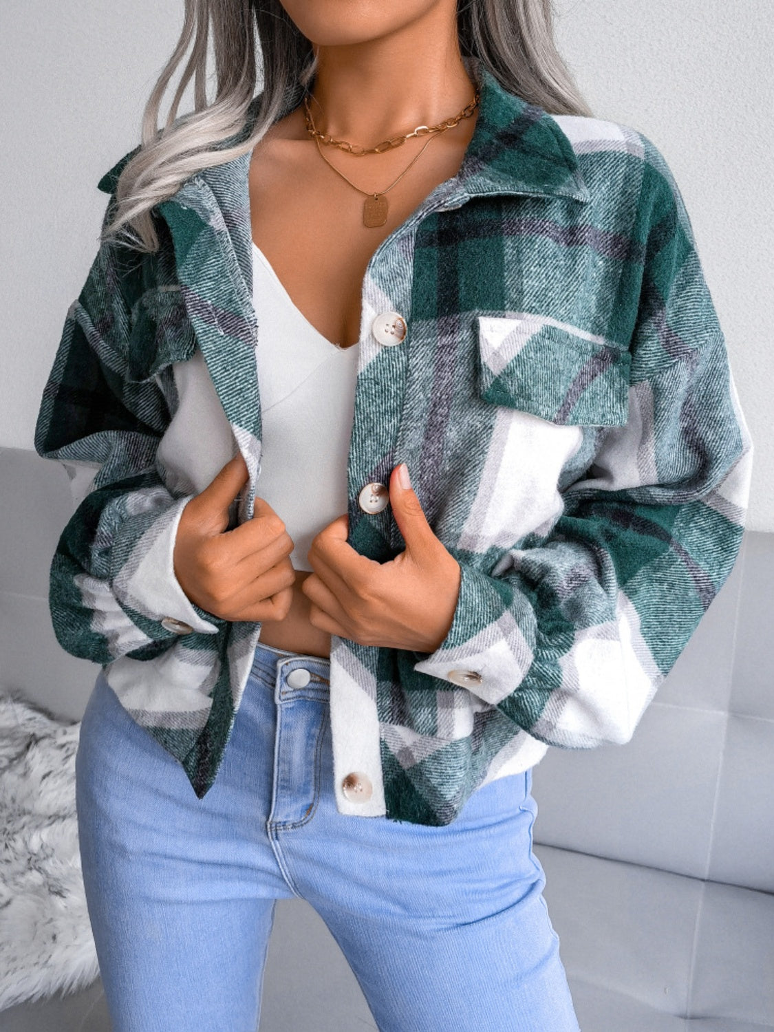 Plaid Collared Neck Long Sleeve Jacket - Cowaa