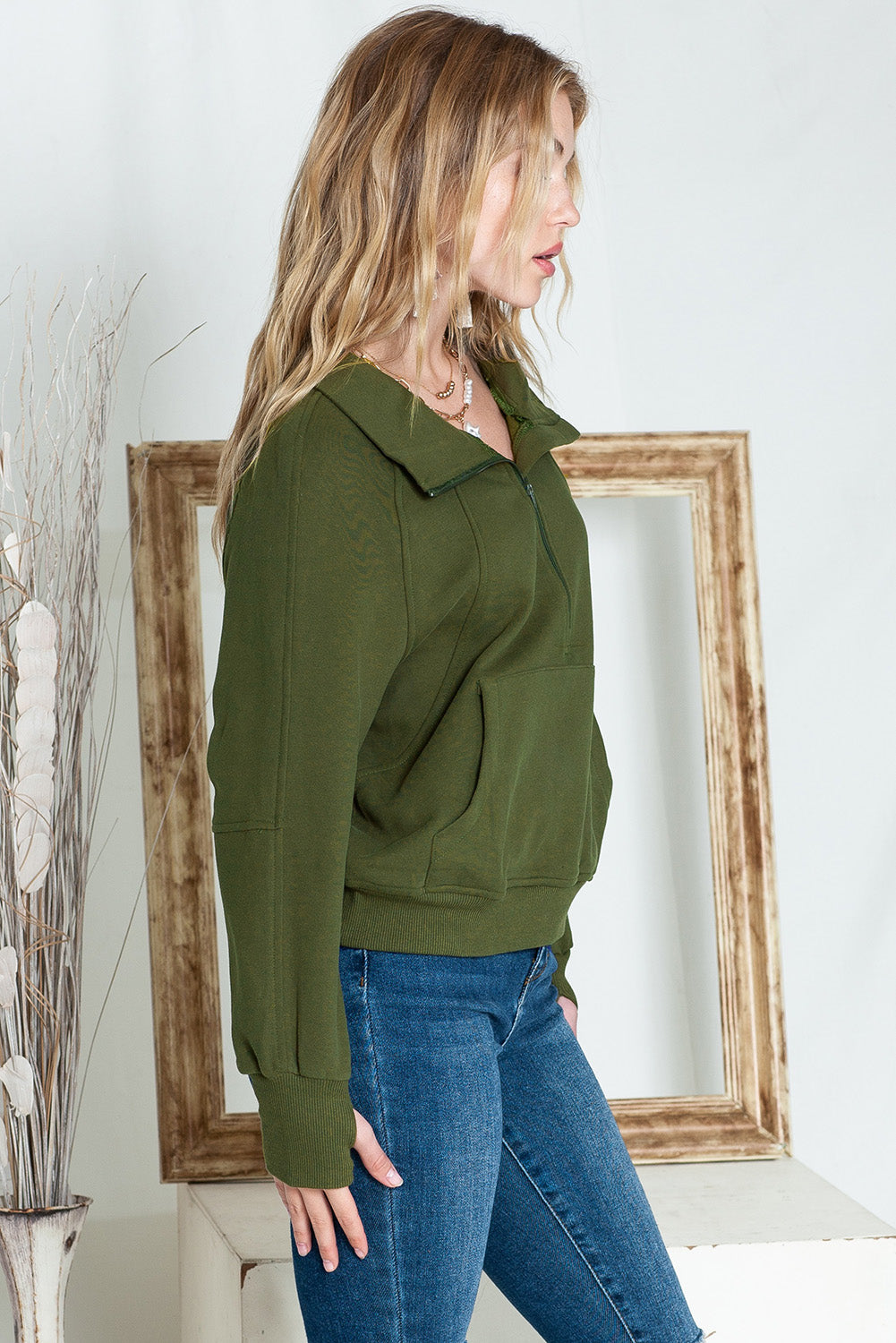 Brown Zip Up Stand Collar Thumbhole Sleeve Sweatshirt - Cowaa