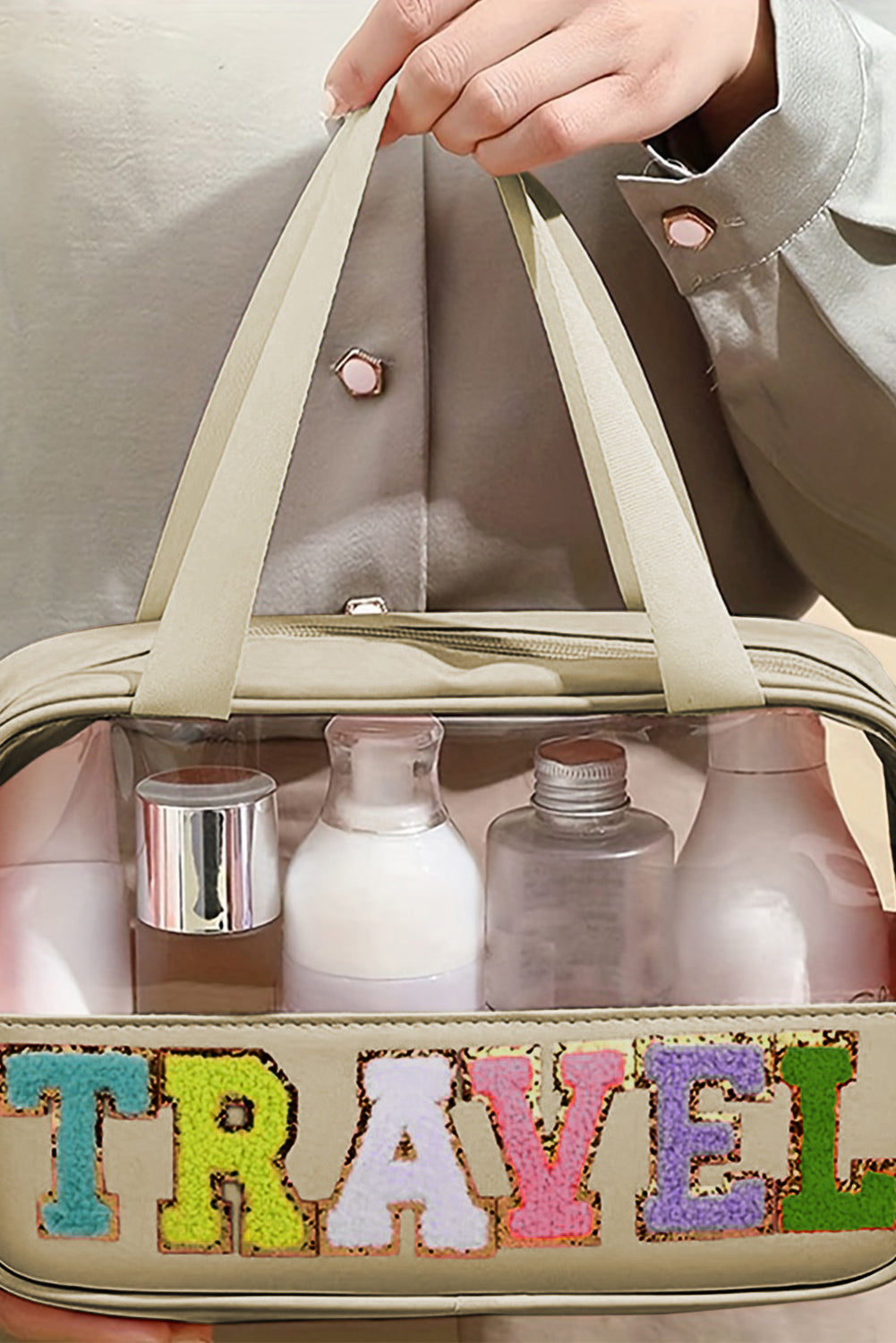 Travel Chenille Letter Clear PVC Makeup Bag - Cowaa