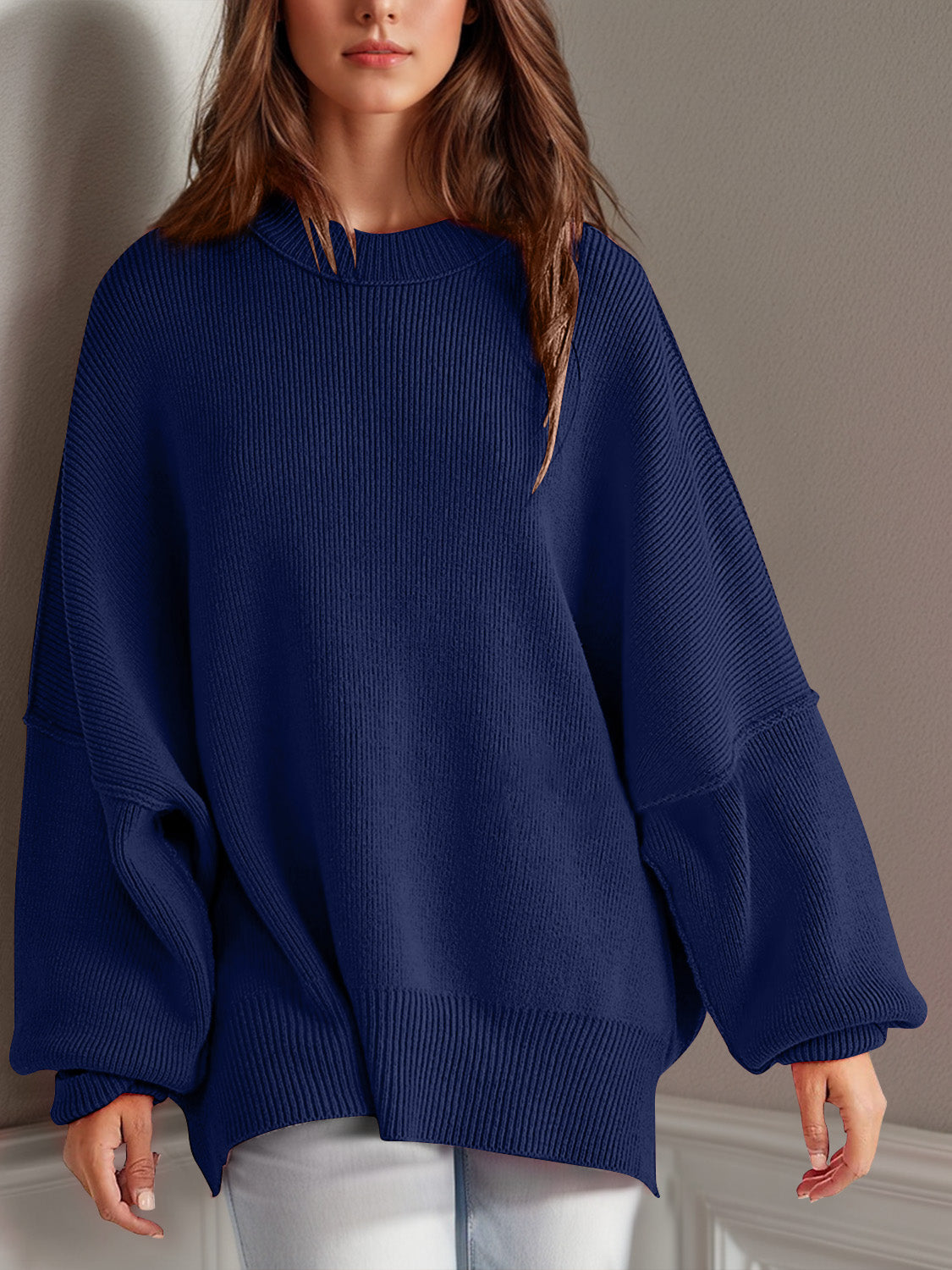 Double Take Side Slit Round Neck Long Sleeve Sweater - Cowaa