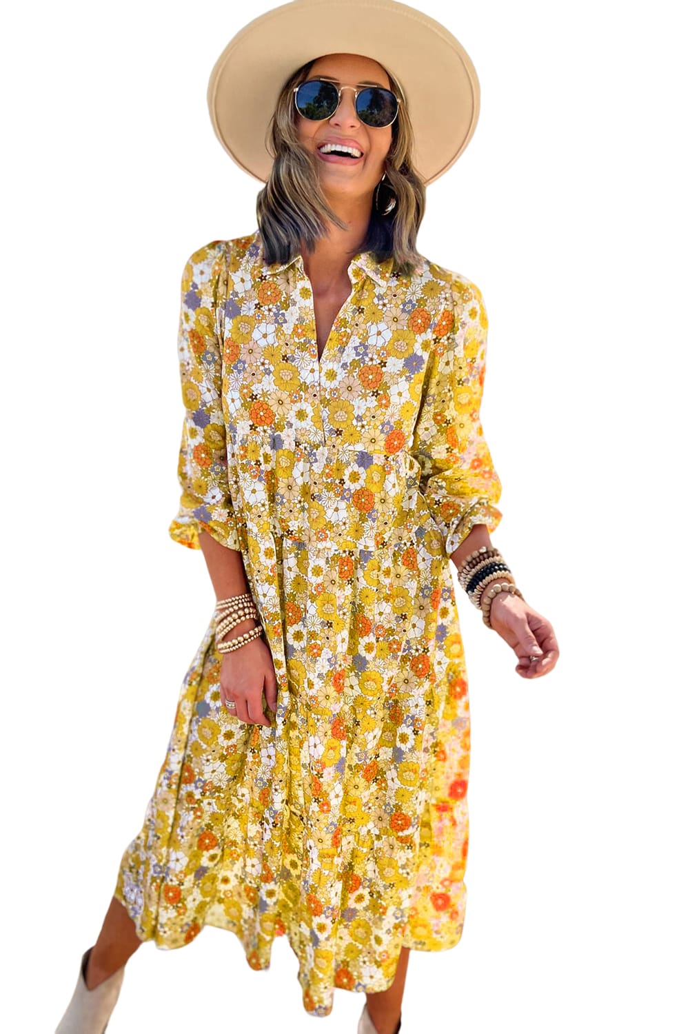 Multicolor Boho Floral Collared Long Sleeve Dress - Cowaa
