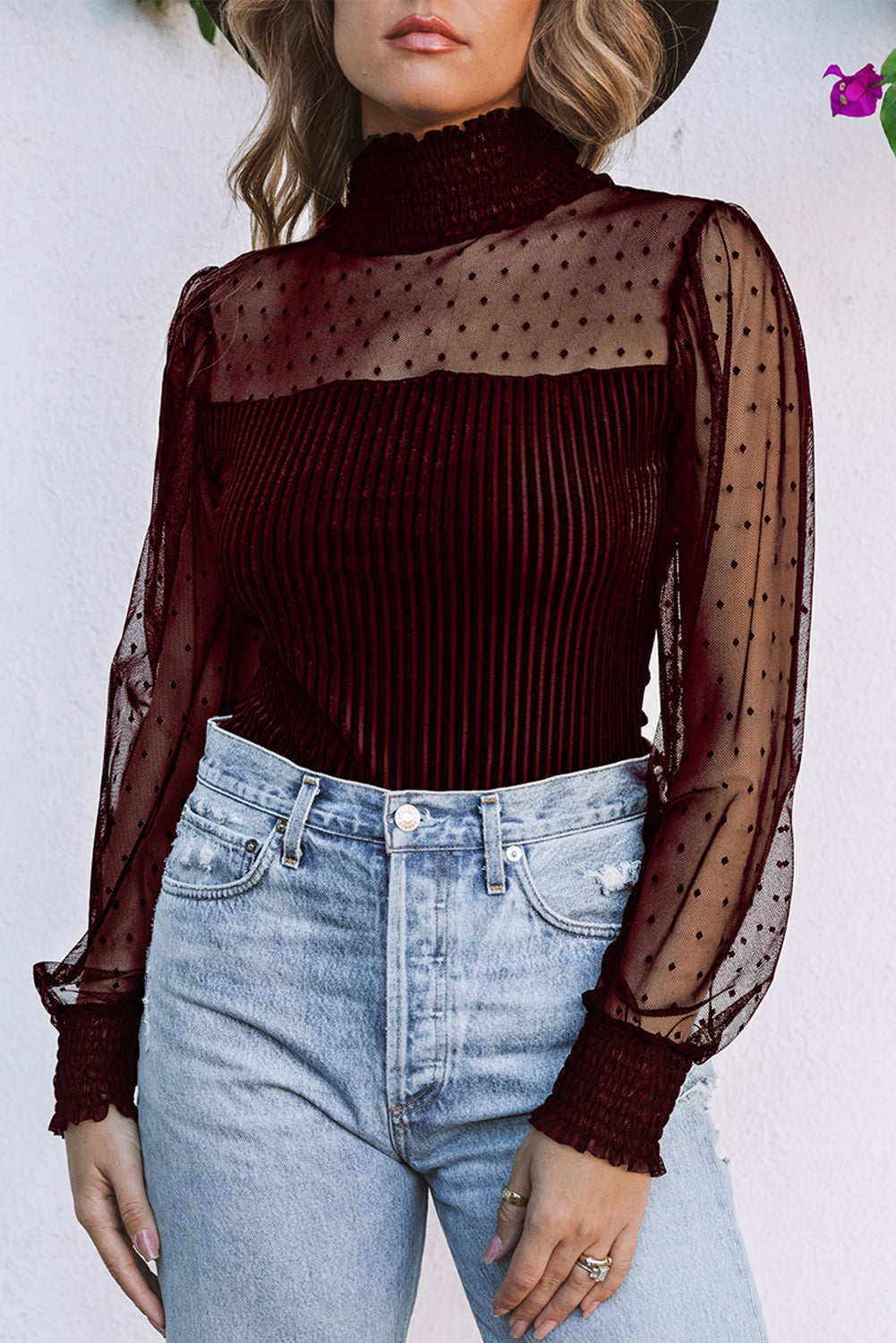 Sheer Dotty Puff Sleeve Ribbed Velvet Bodysuit - Cowaa