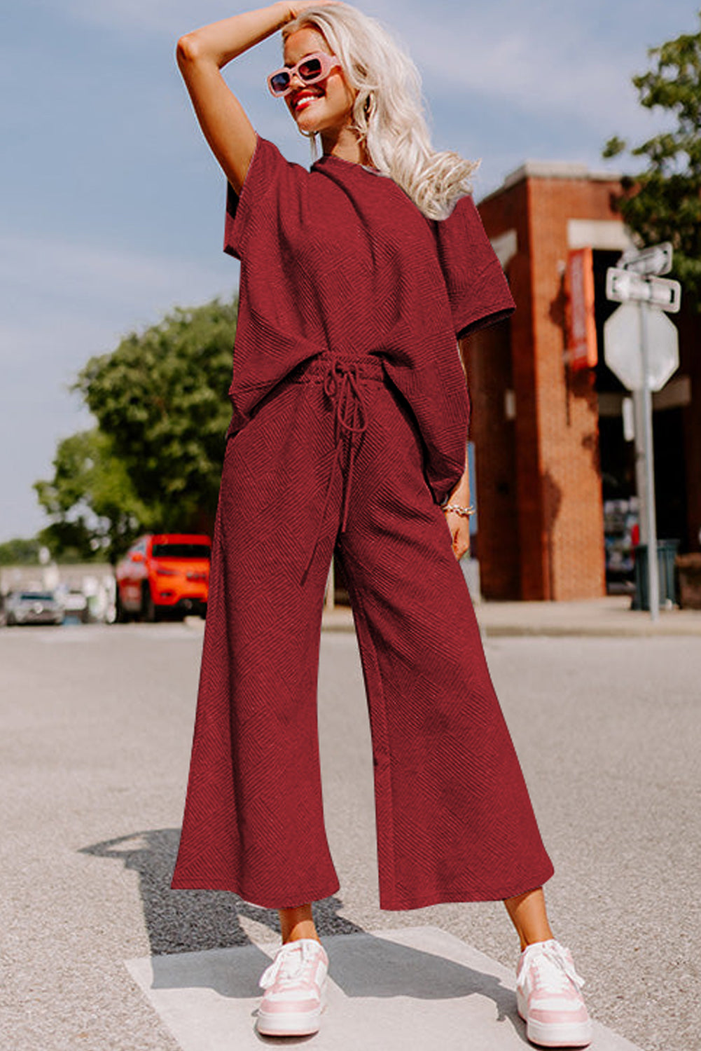 Navy Blue Textured Loose Fit T Shirt and Drawstring Pants Set - Cowaa