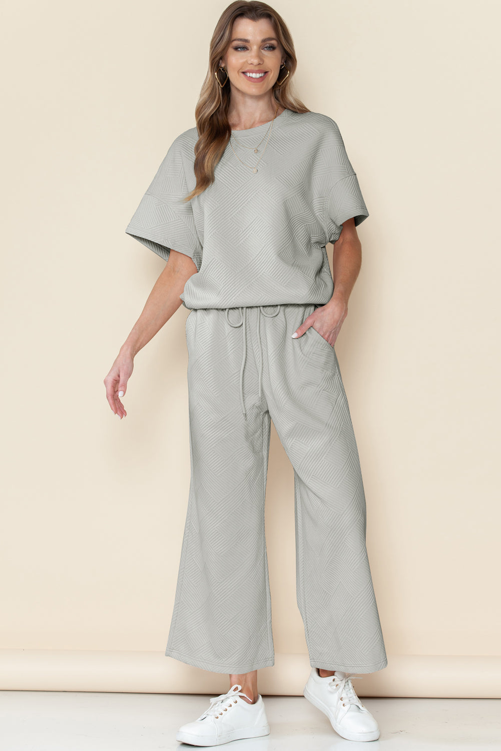 Navy Blue Textured Loose Fit T Shirt and Drawstring Pants Set - Cowaa
