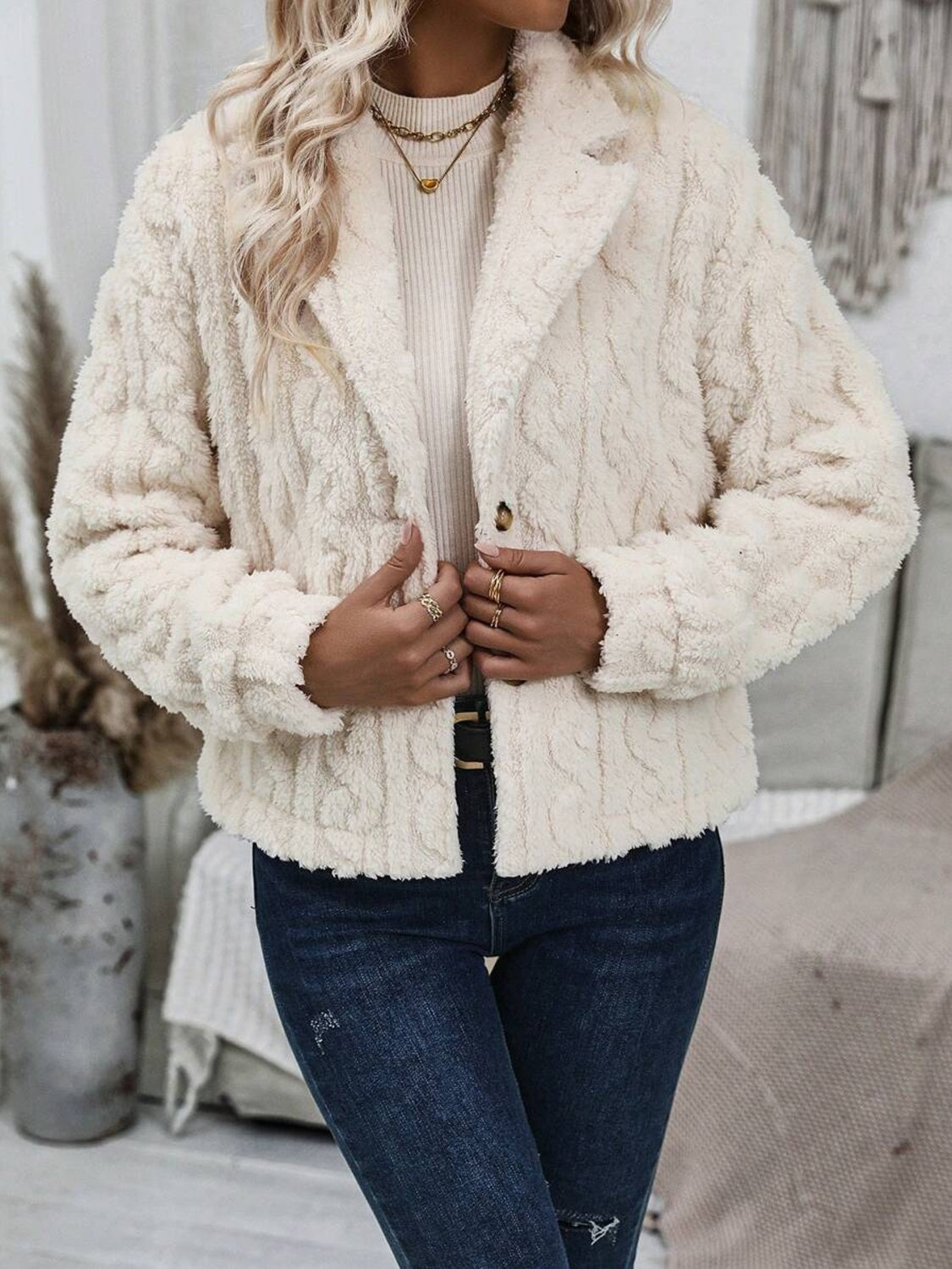 Cream Fuzzy Button Up Collared Neck Jacket