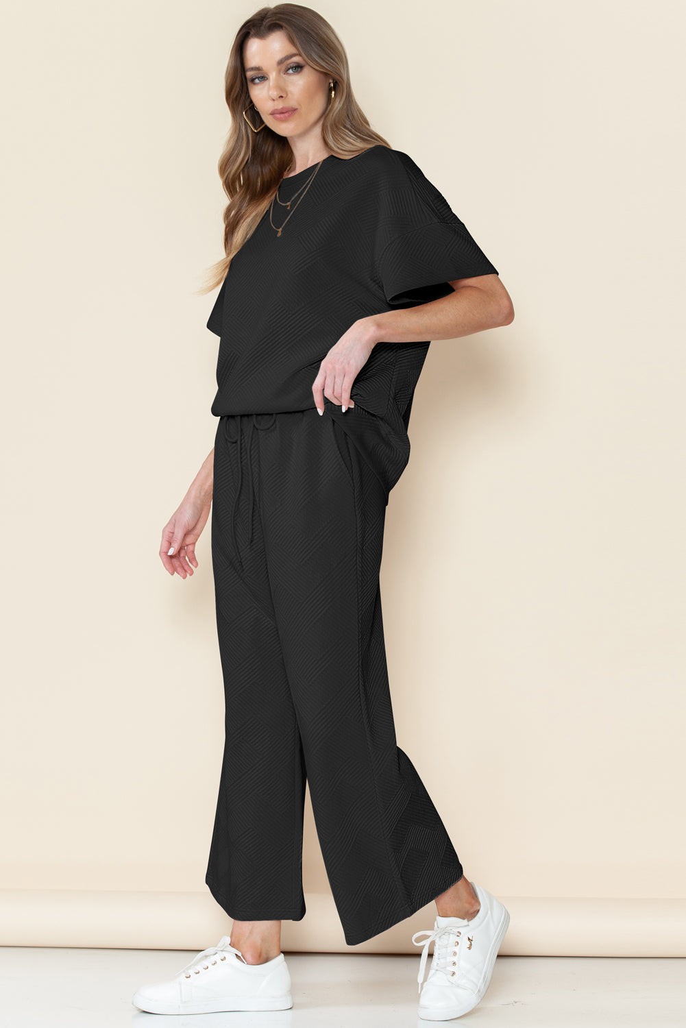 Navy Blue Textured Loose Fit T Shirt and Drawstring Pants Set - Cowaa