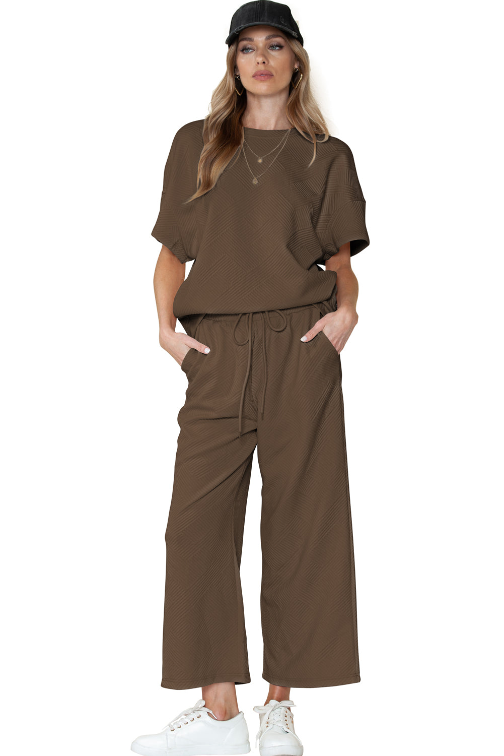 Navy Blue Textured Loose Fit T Shirt and Drawstring Pants Set - Cowaa