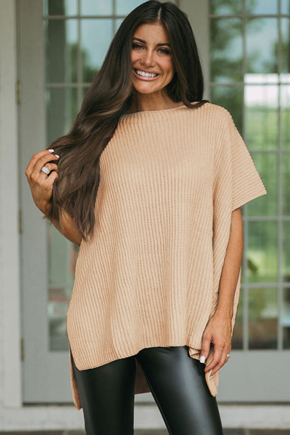 Rose Red Side Slit Short Sleeve Oversized Sweater - Cowaa