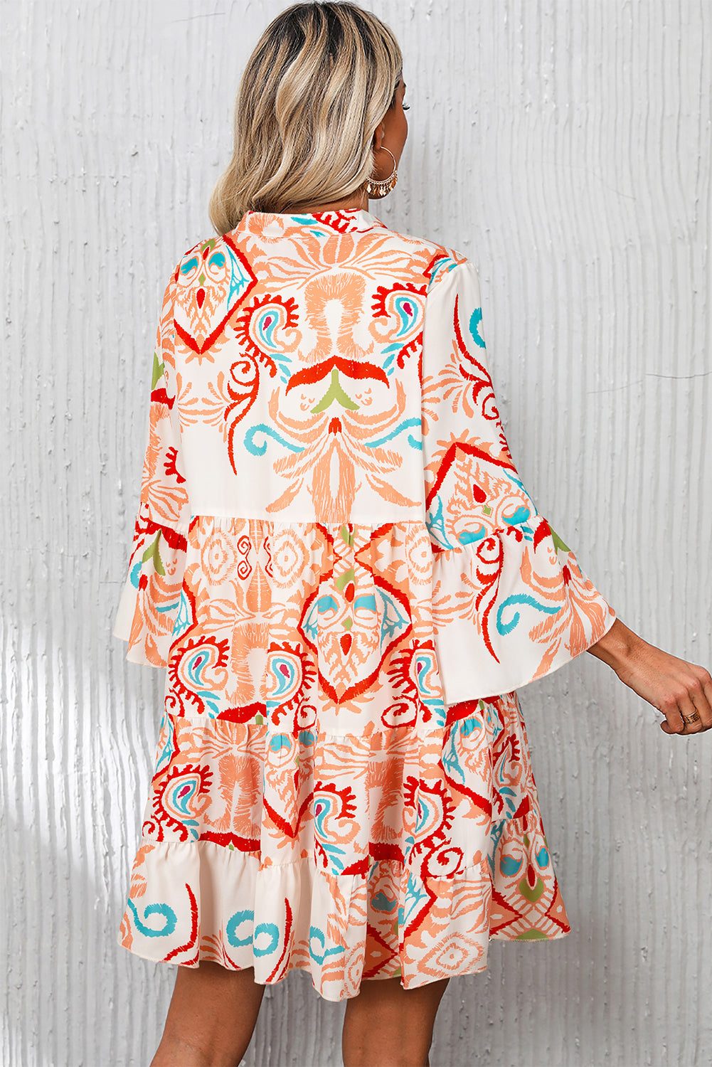 White Ethnic Print Boho Button Tiered Mini Dress - Cowaa