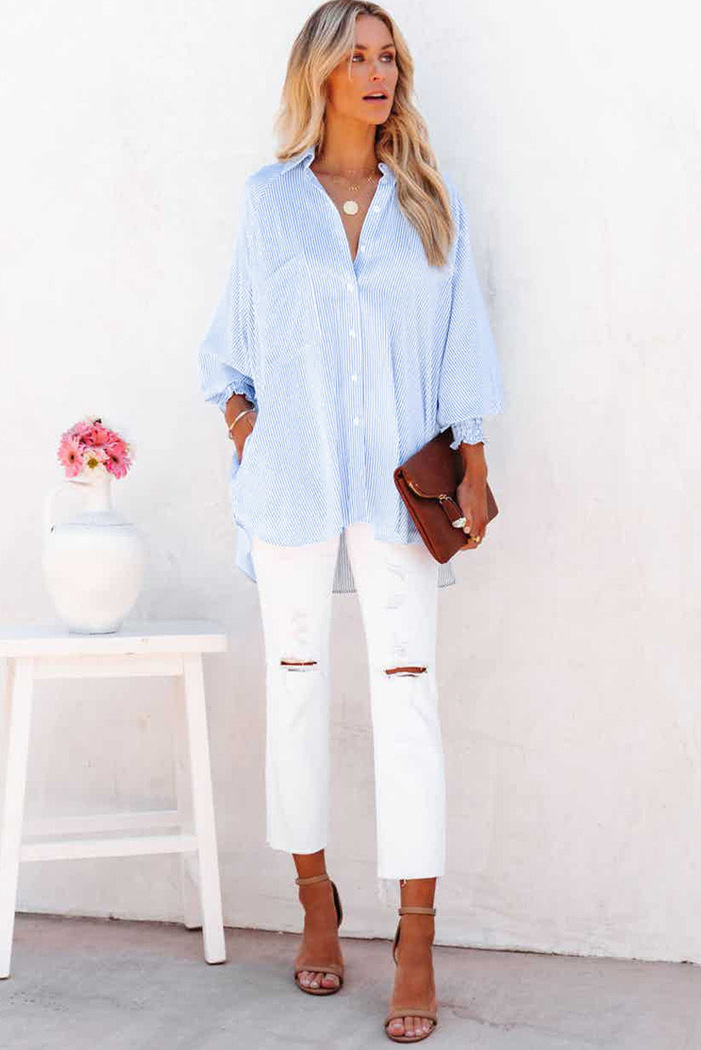 Black Striped Casual Shirred Cuffs Shirt - Cowaa