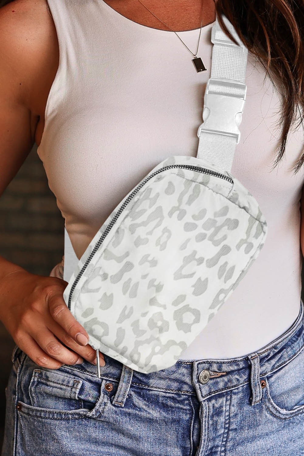 White Leopard Print Buckle Canvas Chest Bag 20*5*14cm - Cowaa