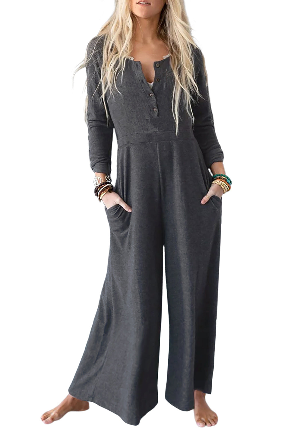 Dark Grey Henley Long Sleeve Wide Leg Jumpsuit with Pockets - Cowaa