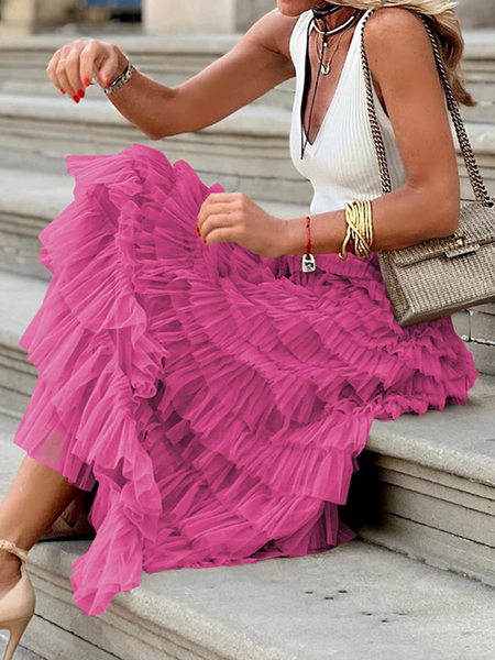 Mesh Flared Layered Hem Midi Skirt High Waist Pleated A Line - Cowaa