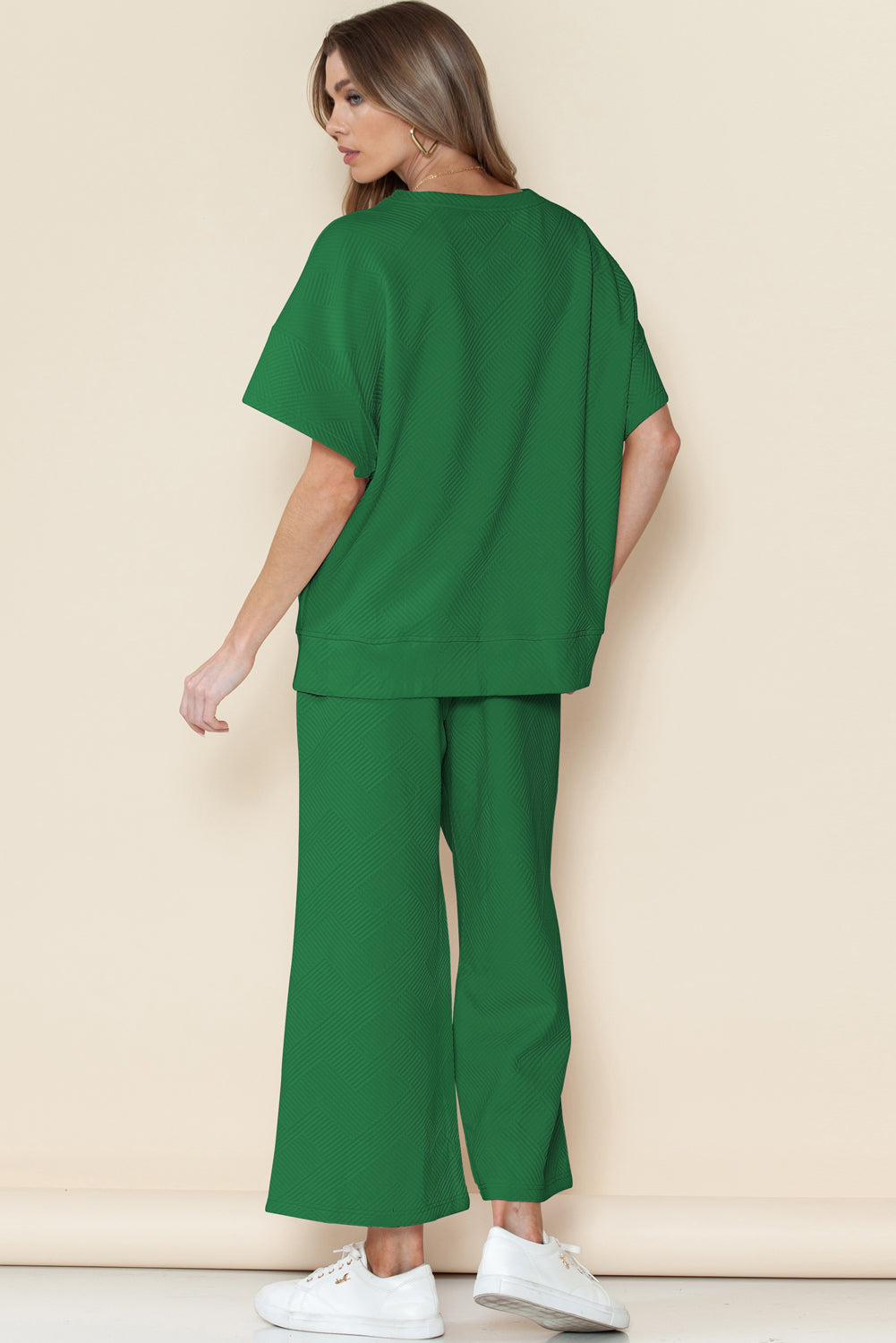 Navy Blue Textured Loose Fit T Shirt and Drawstring Pants Set - Cowaa