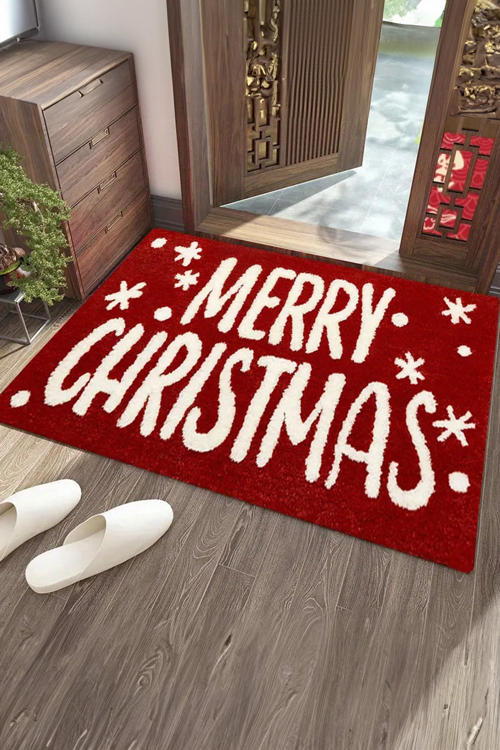 Fiery Red MERRY CHRISTMAS Plush Entrance Mat