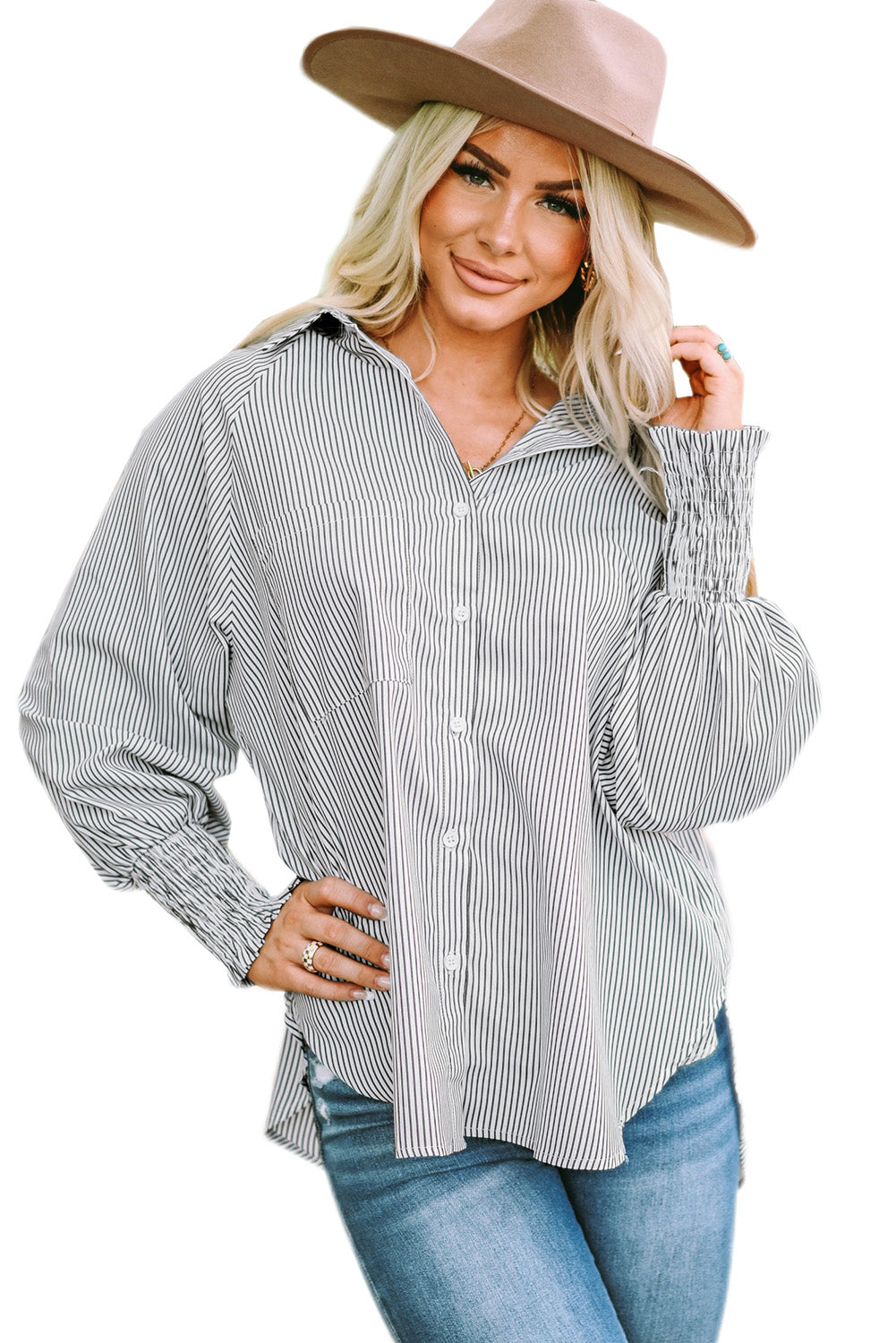 Black Striped Casual Shirred Cuffs Shirt - Cowaa