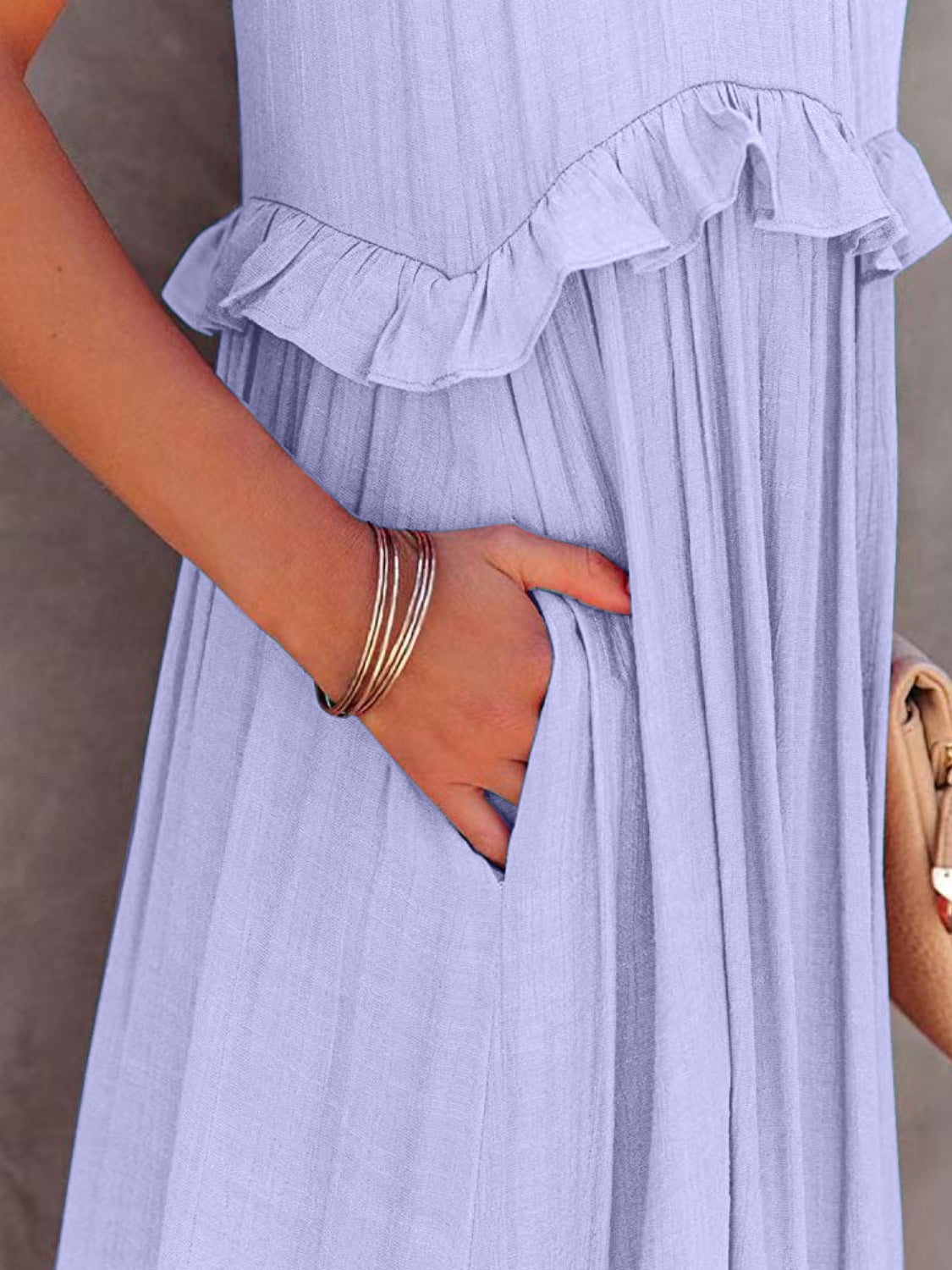 Ruffled Sleeveless Tiered Maxi Dress with Pockets - Cowaa