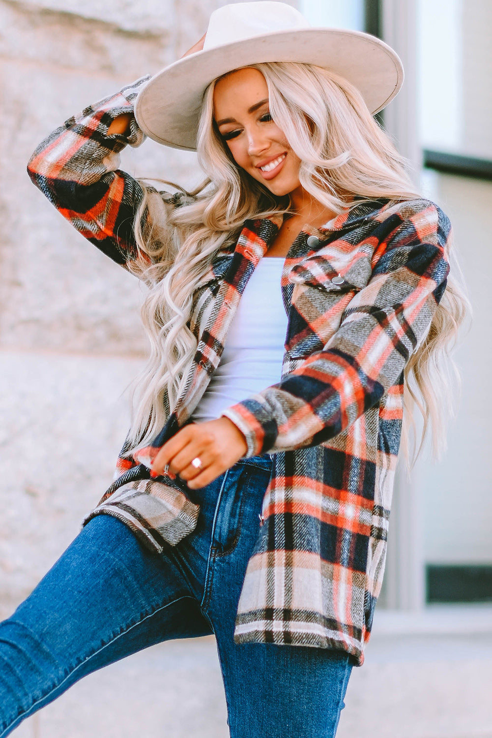 Plaid Button Front Pocket Shirt Shacket - Cowaa