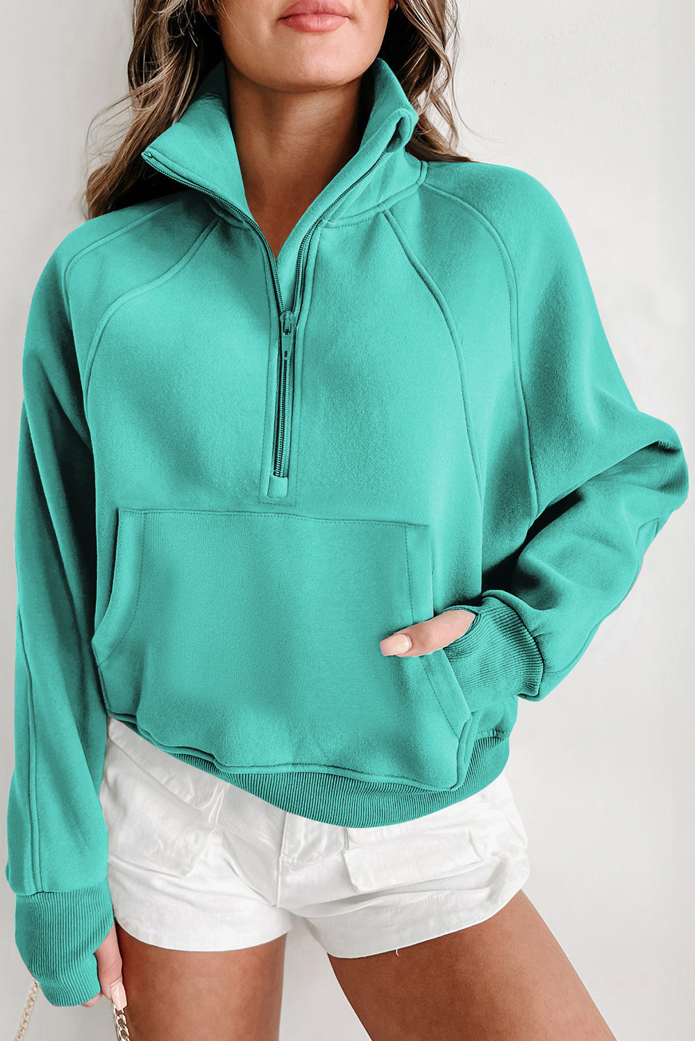 Brown Zip Up Stand Collar Thumbhole Sleeve Sweatshirt - Cowaa