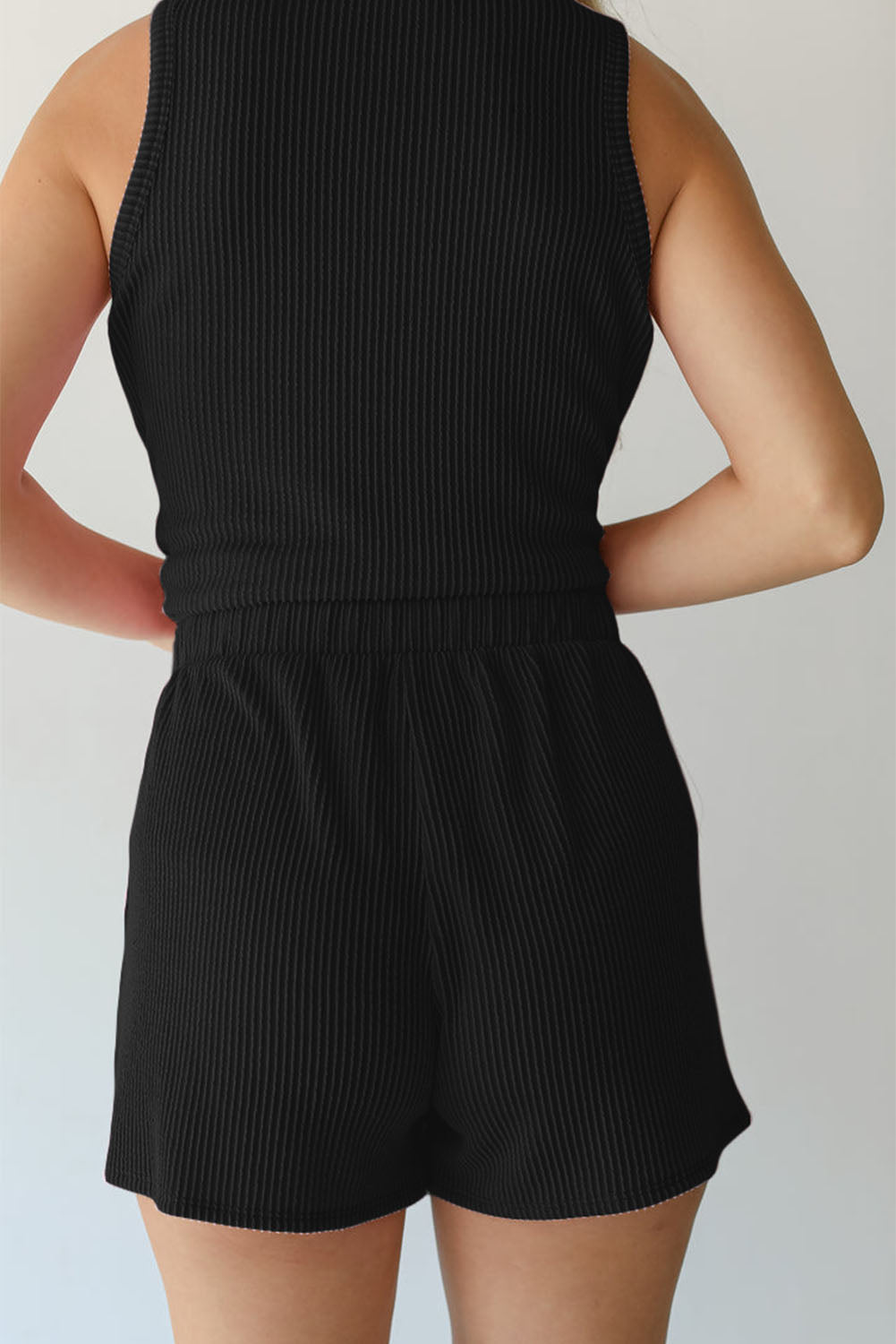 Medium Grey Corded Sleeveless Top and Pocketed Shorts Set - Cowaa