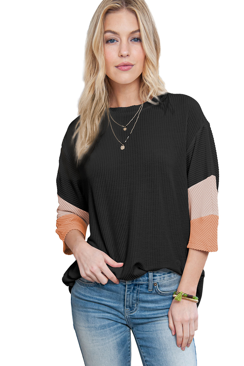 White Pit-striped Colorblock Drop Sleeve Top - Cowaa