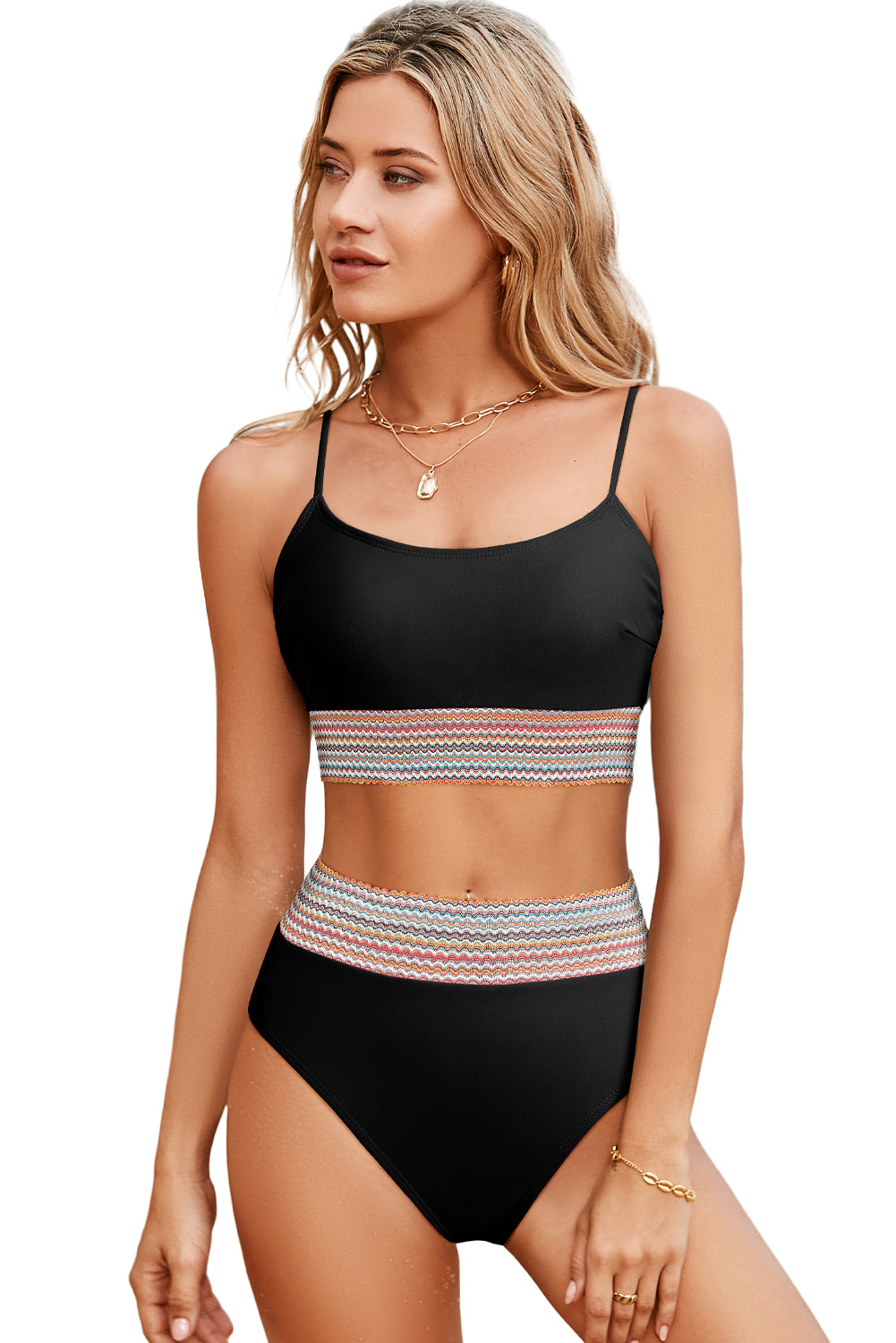 Black Striped Patchwork Spaghetti Strap High Waist Bikini Set - Cowaa