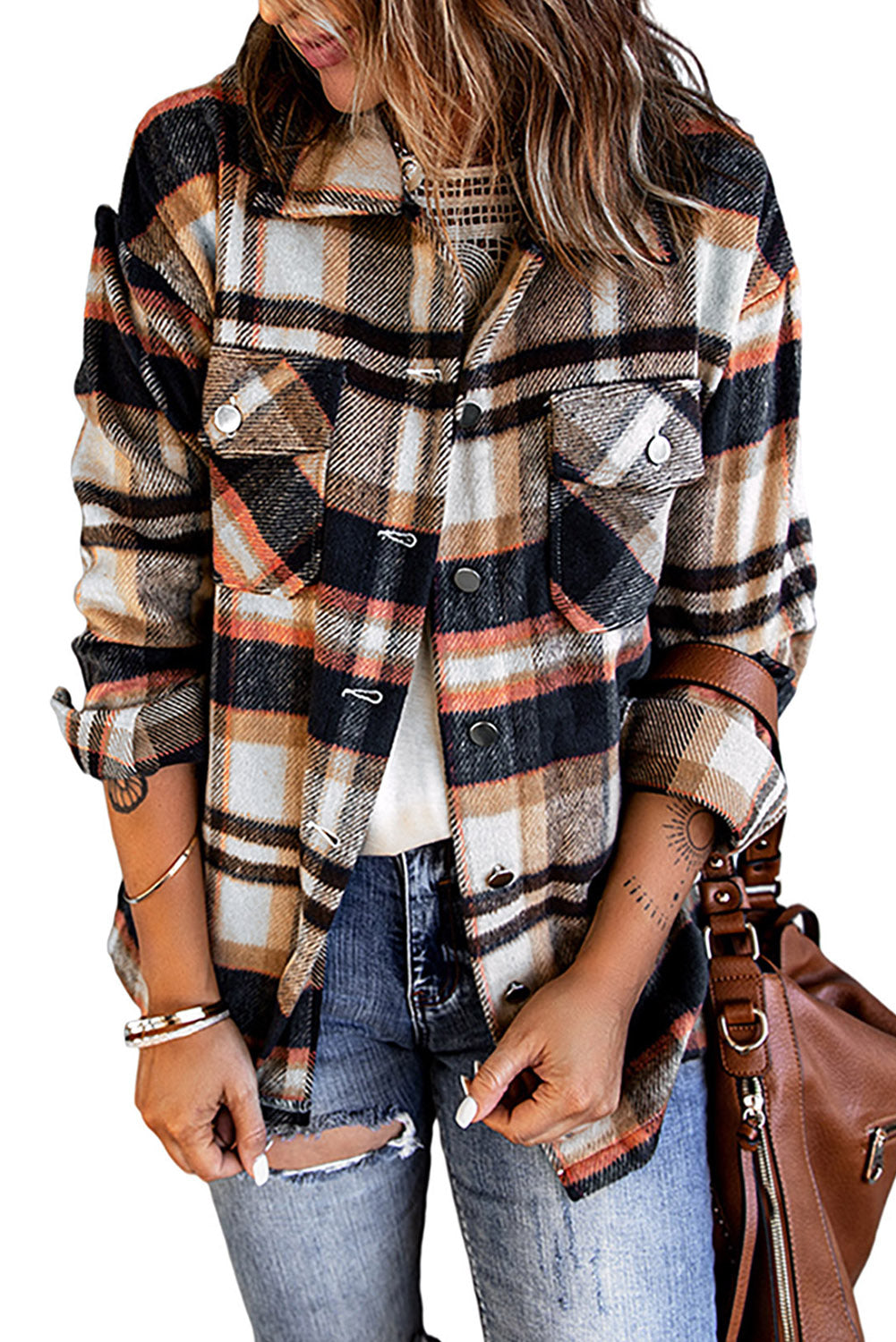 Plaid Button Front Pocket Shirt Shacket - Cowaa