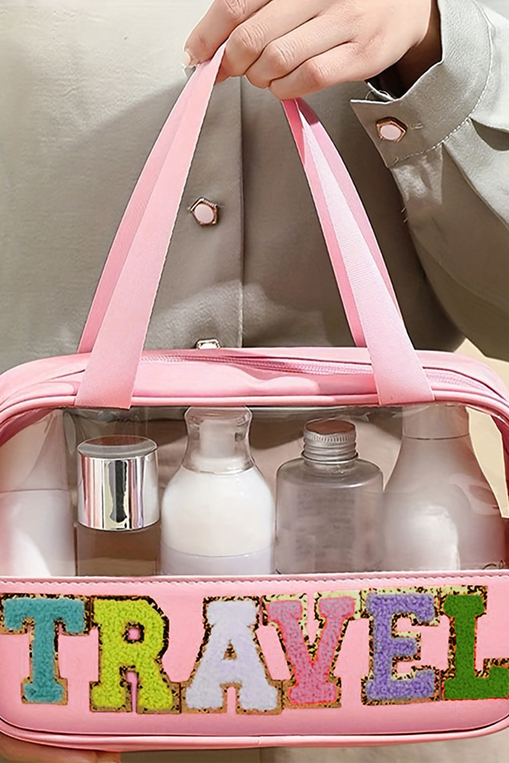 Travel Chenille Letter Clear PVC Makeup Bag - Cowaa
