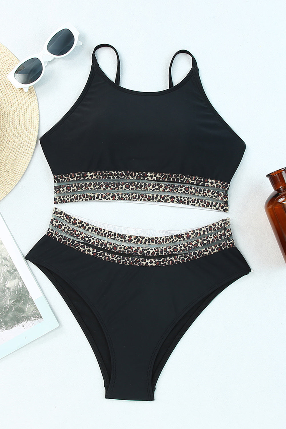 Black Leopard Print Spaghetti Strap Padded Wireless Two Piece Swimsuit - Cowaa