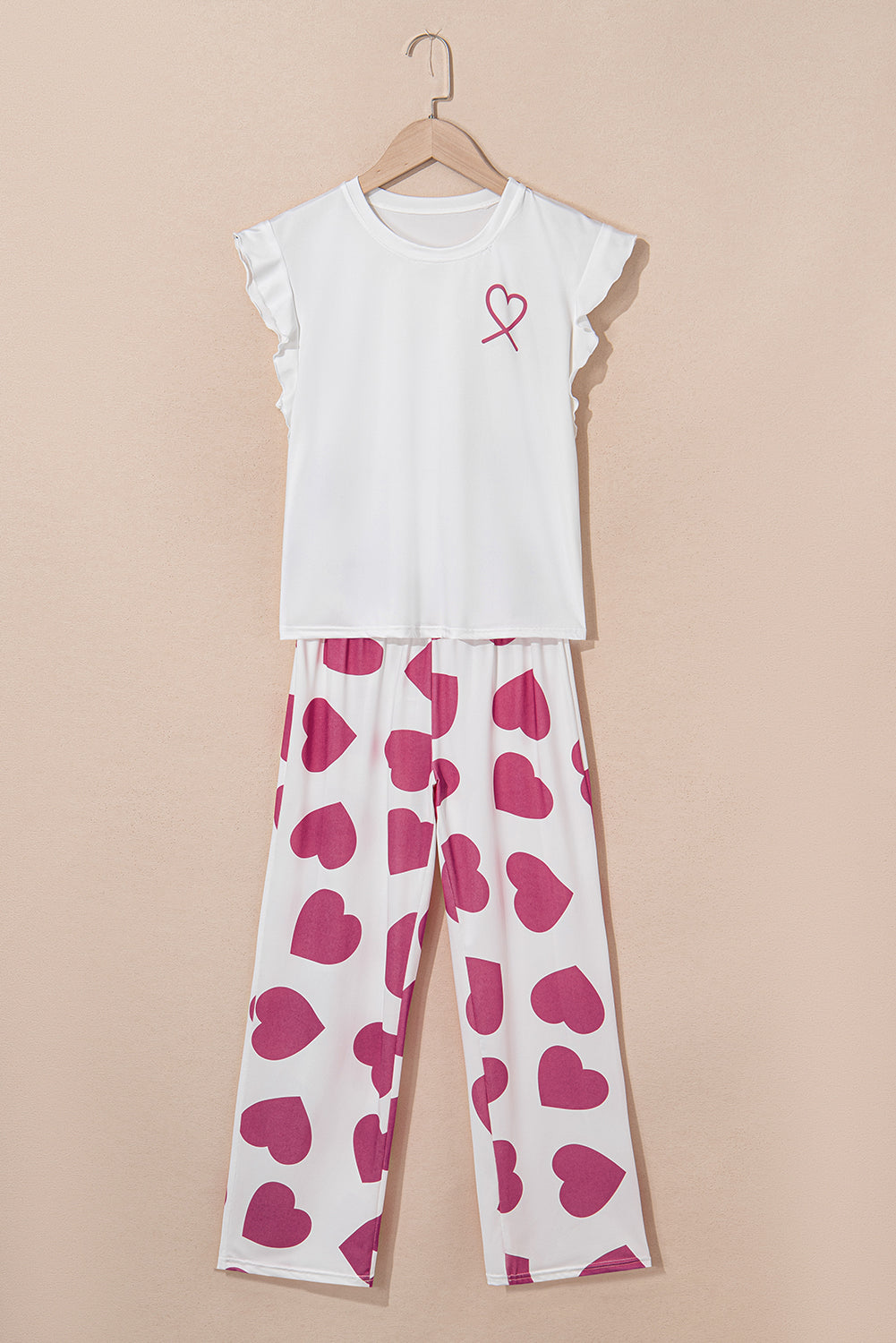 Pink Heart Print Ruffle Sleeveless Top and Pants Pajama Set