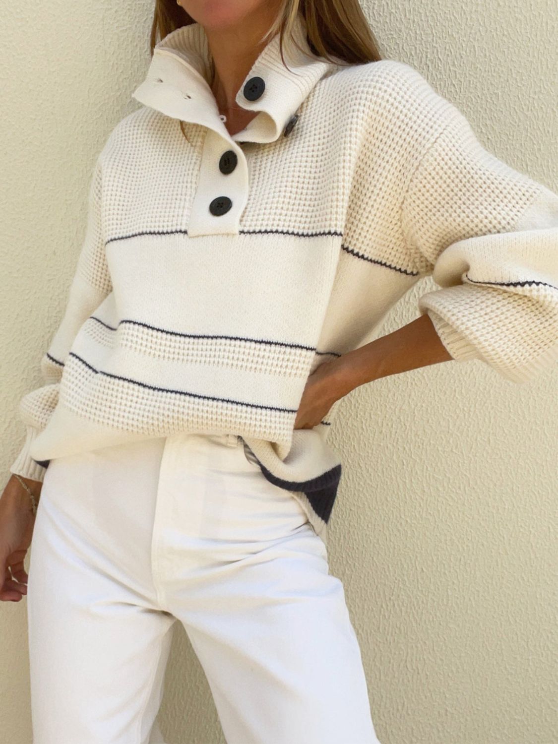 Cream Waffle-Knit Half Button Long Sleeve Sweater