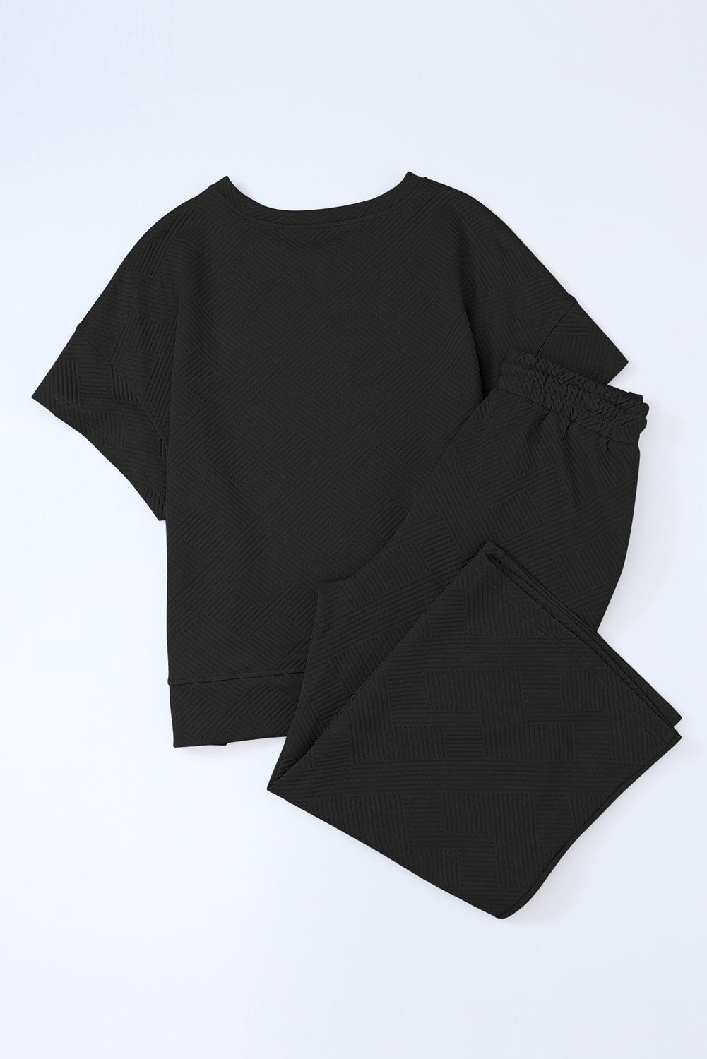 Navy Blue Textured Loose Fit T Shirt and Drawstring Pants Set - Cowaa
