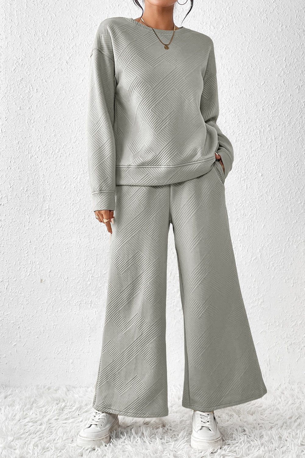 Strawberry Pink Textured Loose Slouchy Long Sleeve Top and Pants Set - Cowaa