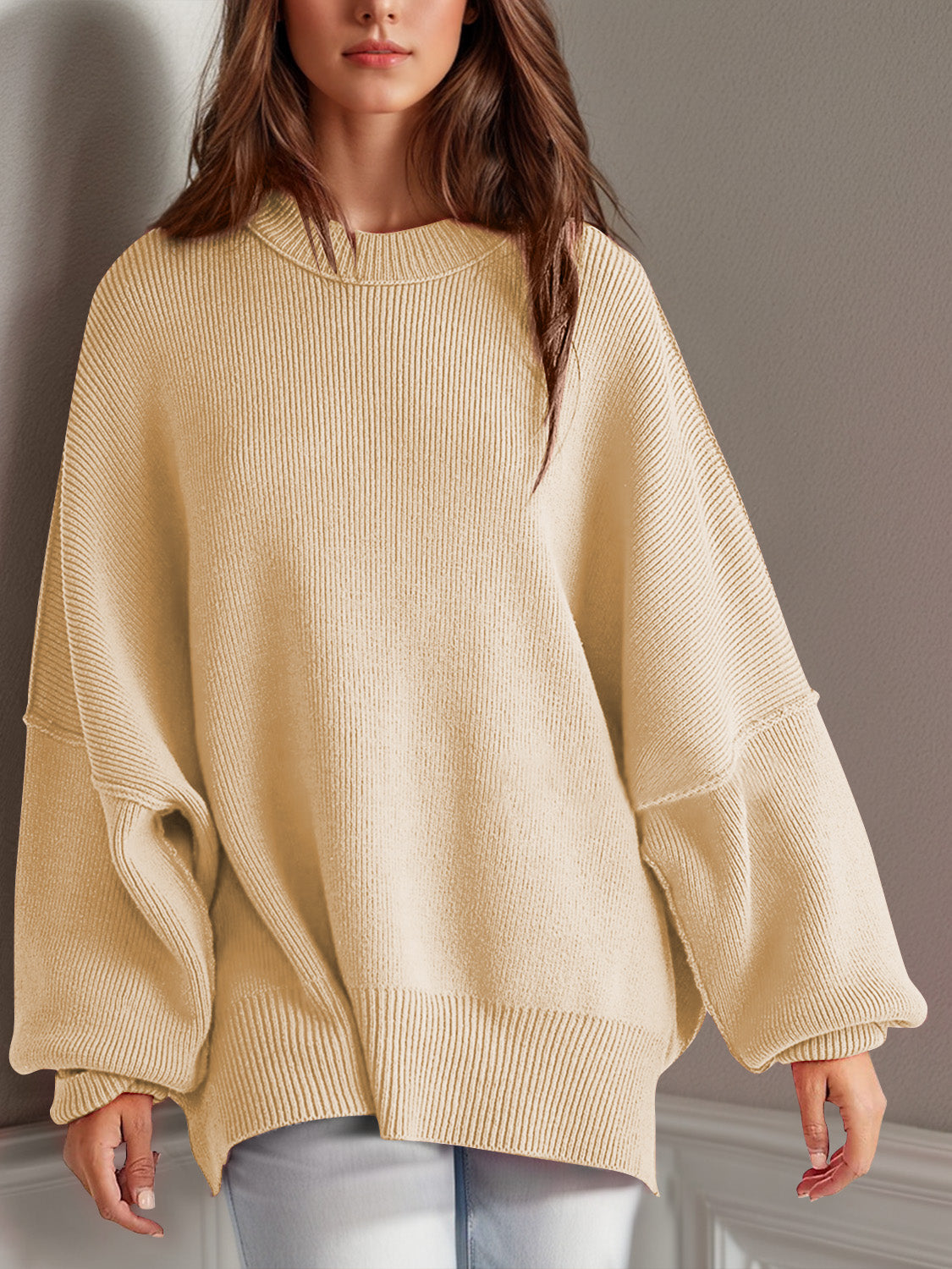Double Take Side Slit Round Neck Long Sleeve Sweater - Cowaa