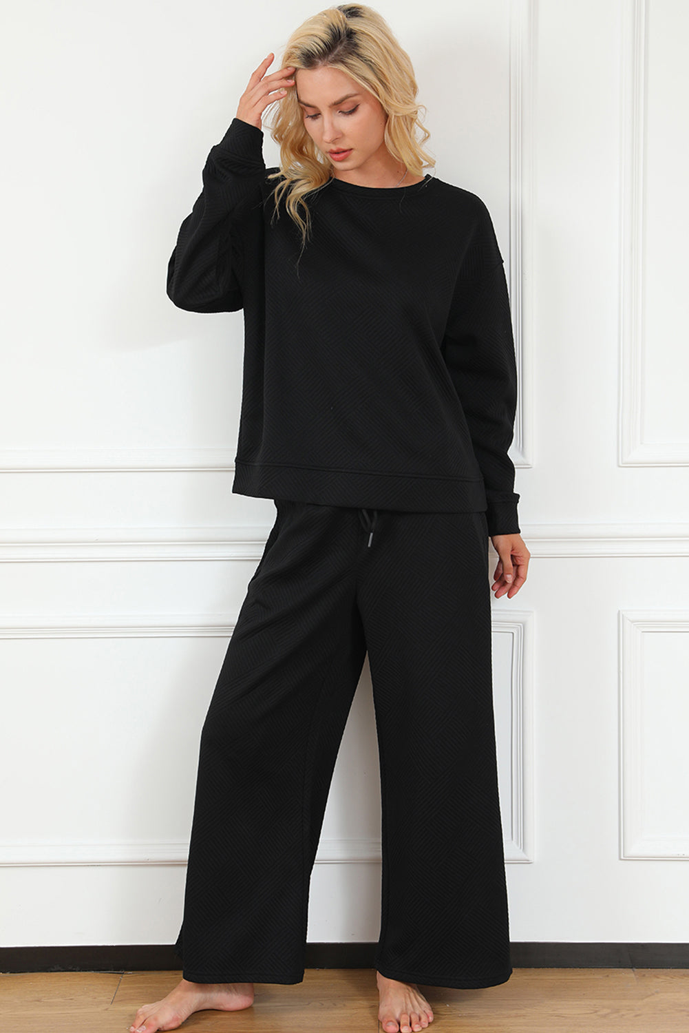 Strawberry Pink Textured Loose Slouchy Long Sleeve Top and Pants Set - Cowaa