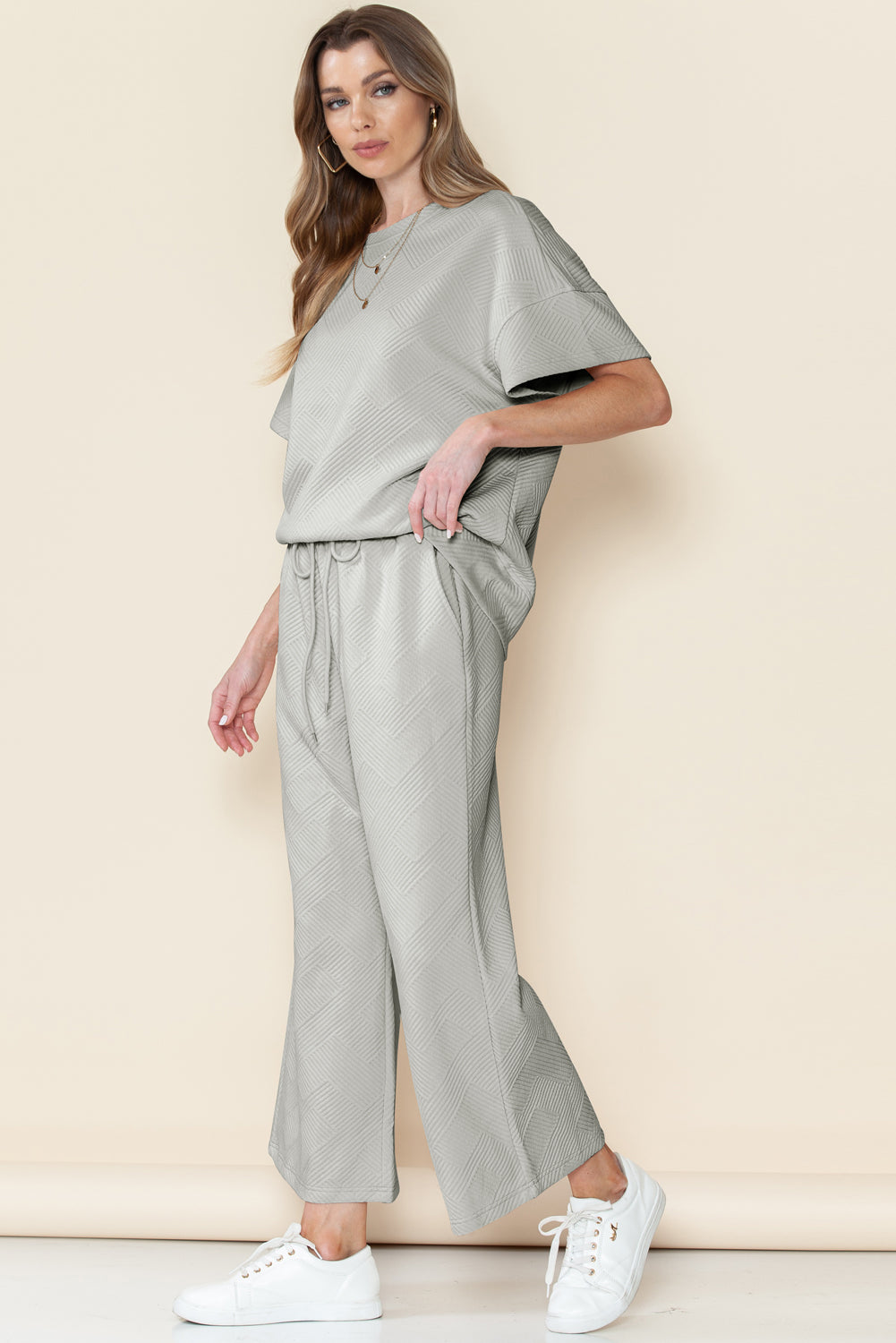 Navy Blue Textured Loose Fit T Shirt and Drawstring Pants Set - Cowaa