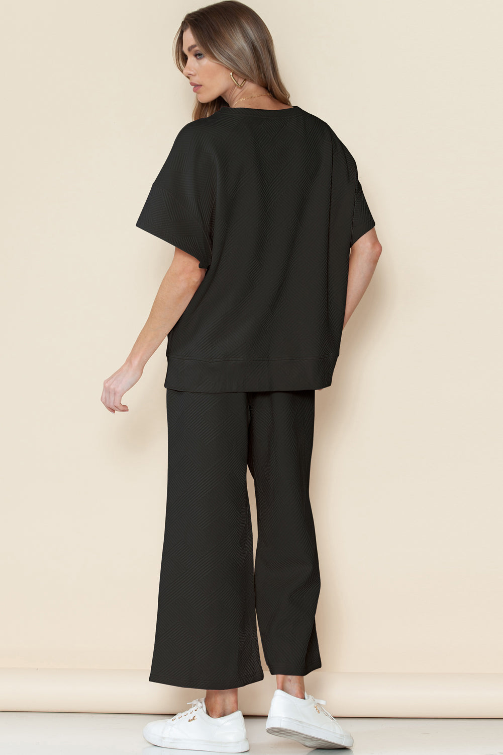 Navy Blue Textured Loose Fit T Shirt and Drawstring Pants Set - Cowaa