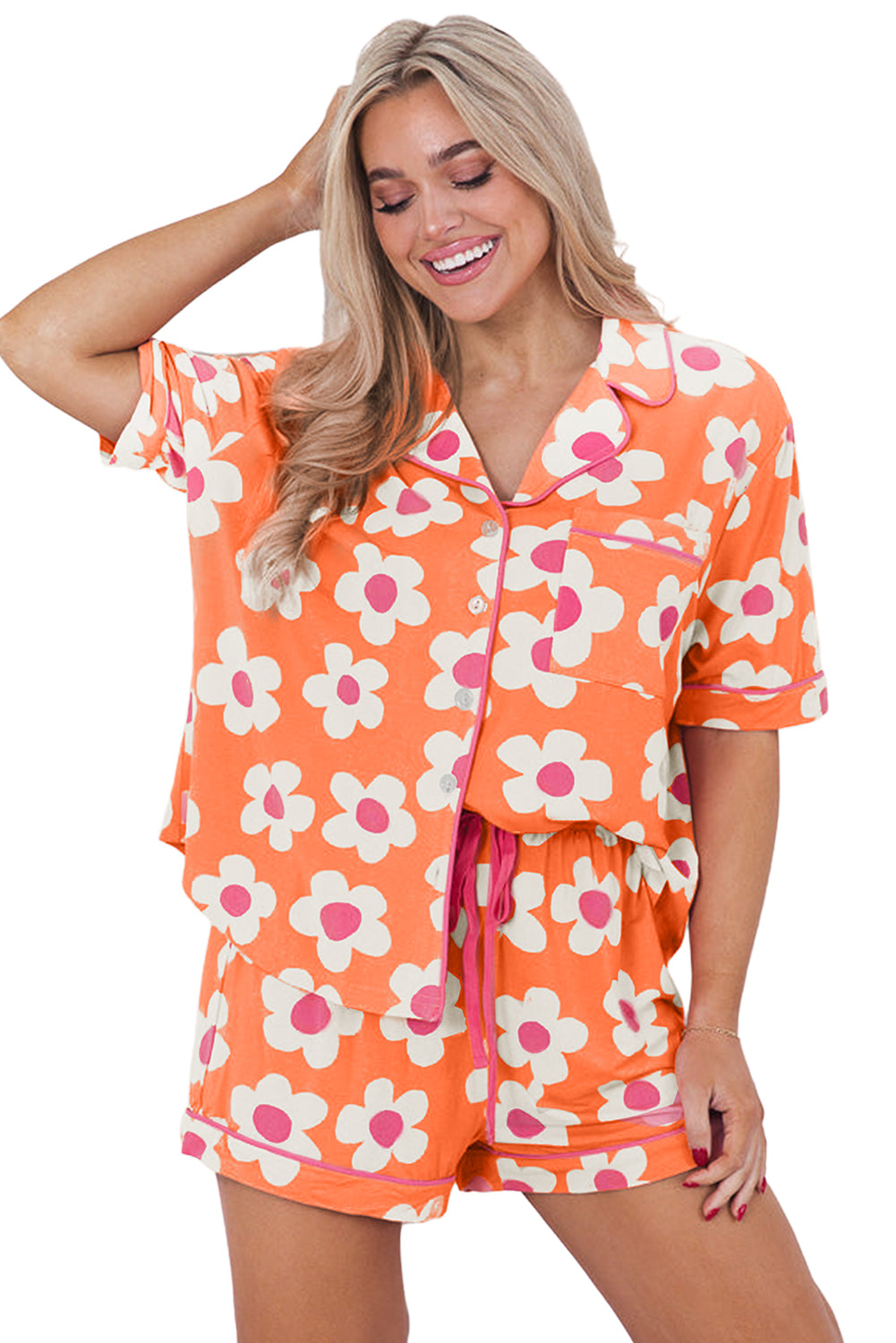 Green Flower Print Buttoned Shirt and Drawstring Waist Pajama Set - Cowaa