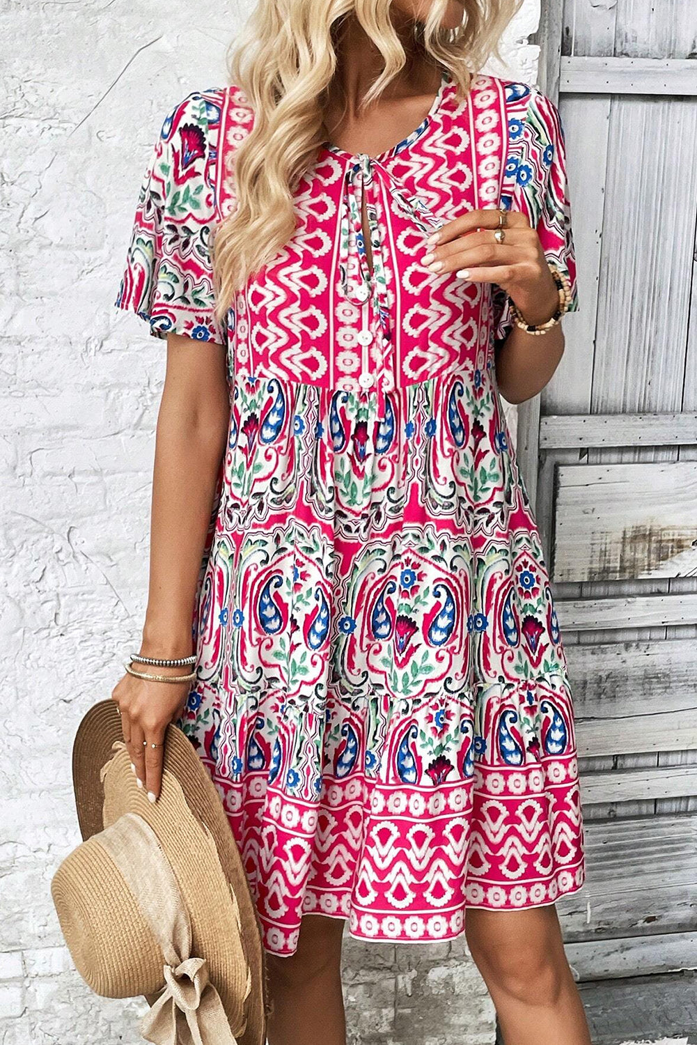 Pink Bohemian Tie Neck Flounce Sleeve Ruffle Hem Mini Dress - Cowaa