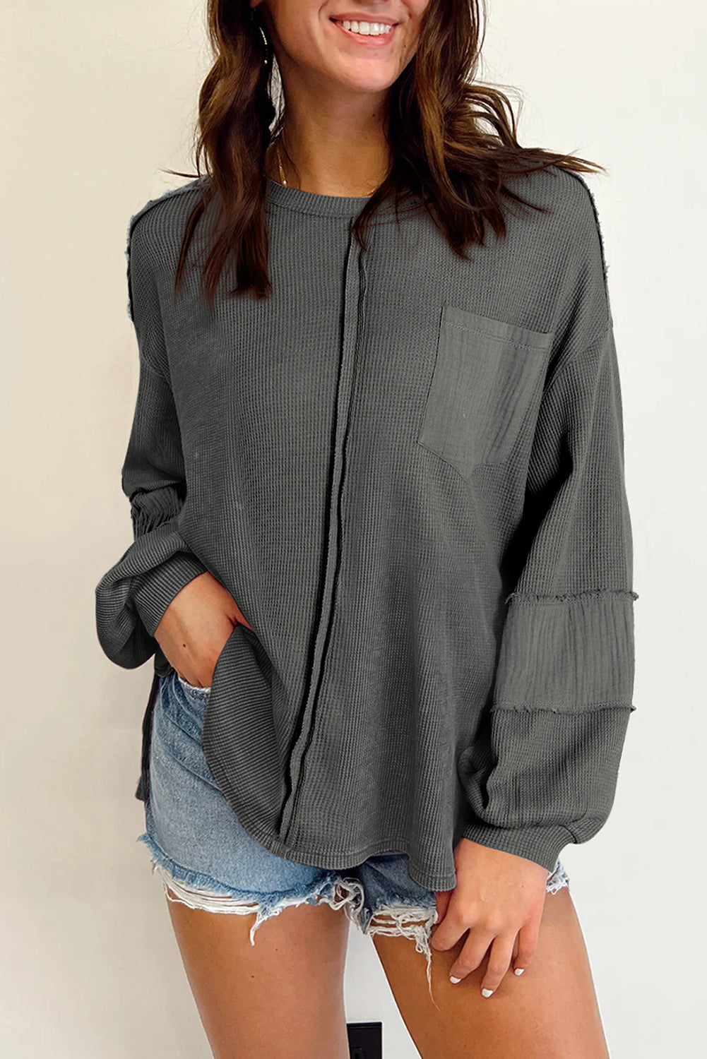 Crinkle Patchwork Long Sleeve Top - Cowaa