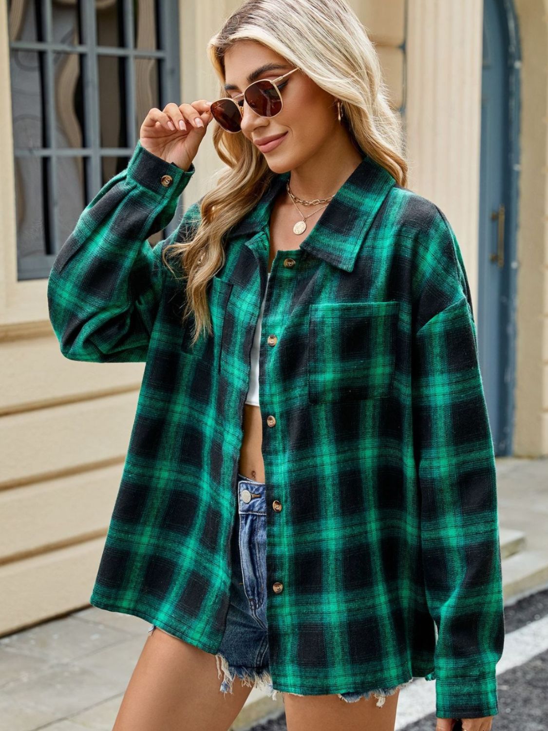 Plaid Collared Neck Long Sleeve Shirt - Cowaa