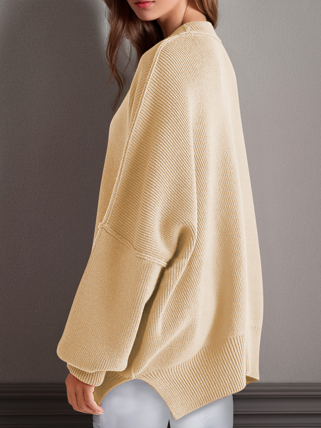 Double Take Side Slit Round Neck Long Sleeve Sweater - Cowaa