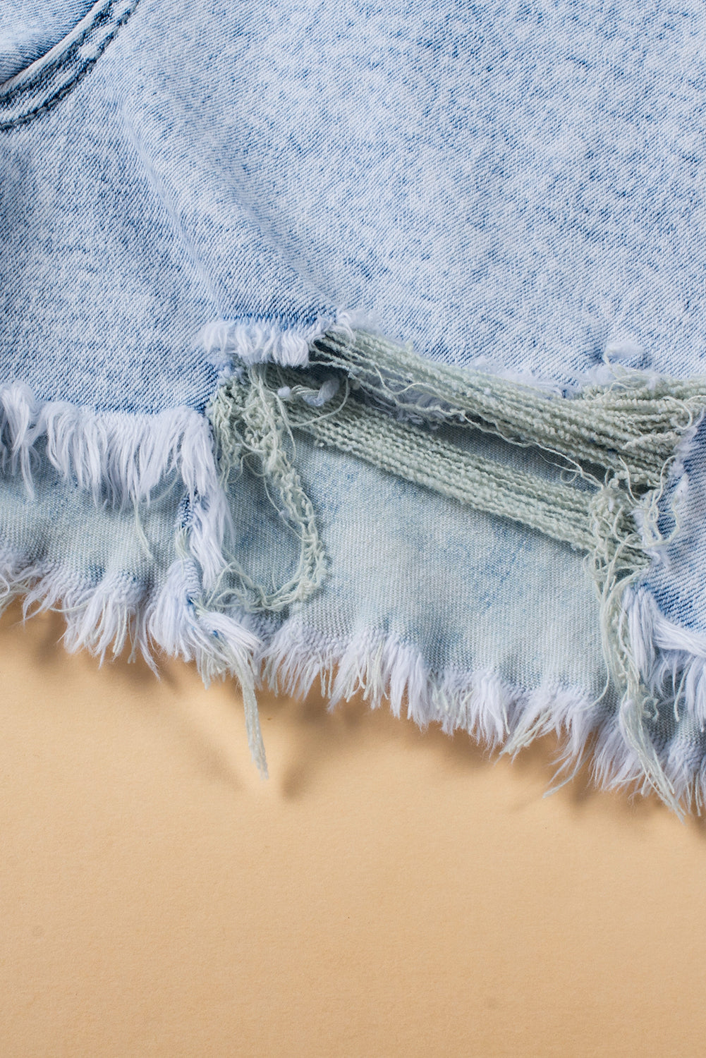 Light Blue Acid Wash Crossed Raw Edge Denim Shorts - Cowaa