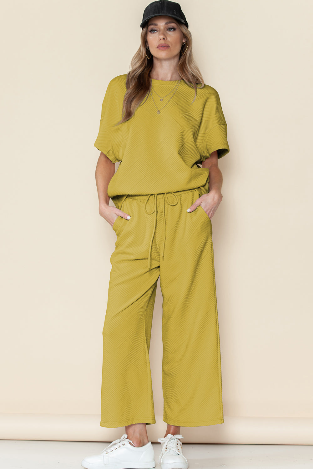 Navy Blue Textured Loose Fit T Shirt and Drawstring Pants Set - Cowaa