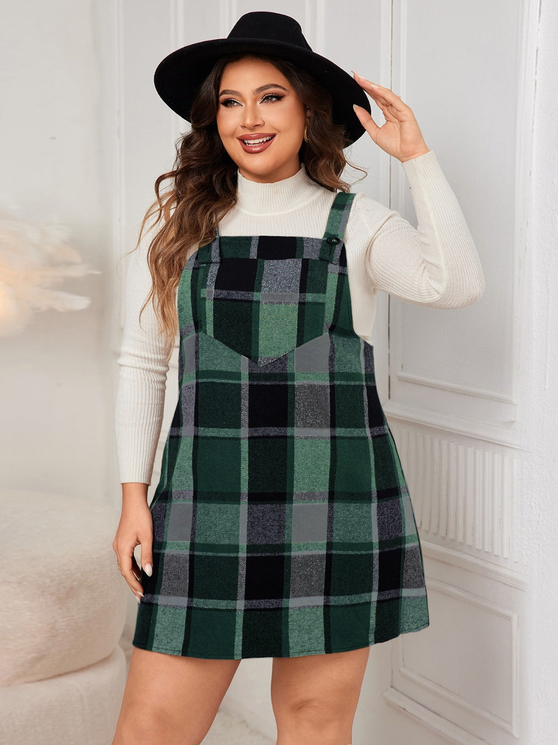 Plus Size Plaid Wide Strap Overall Dress - Cowaa