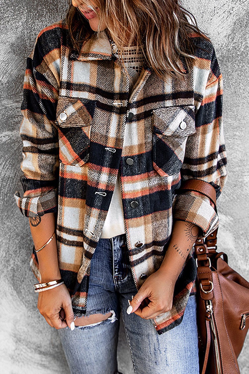 Plaid Button Front Pocket Shirt Shacket - Cowaa
