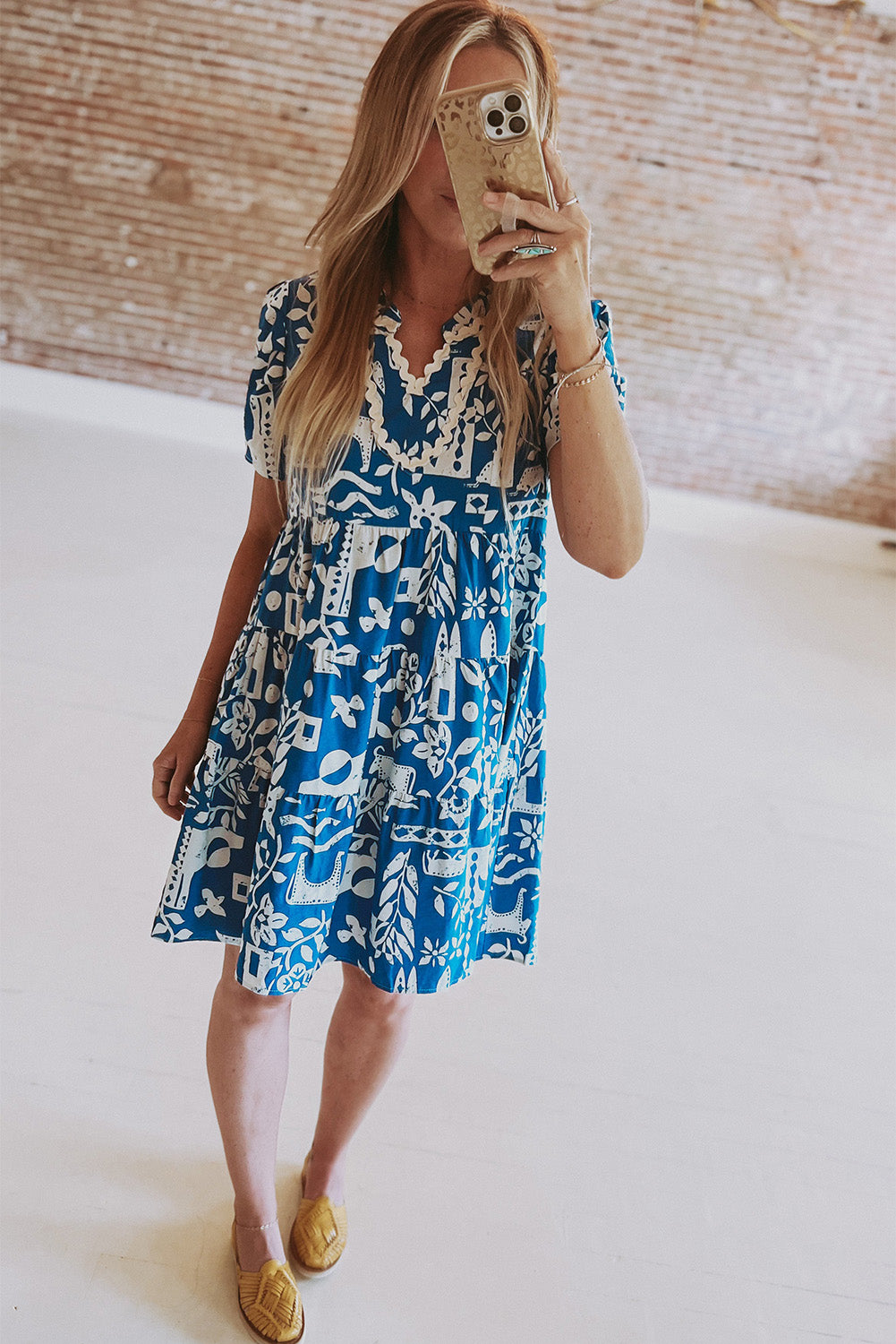 Blue Split V Neck Babydoll Flared Mini Dress - Cowaa